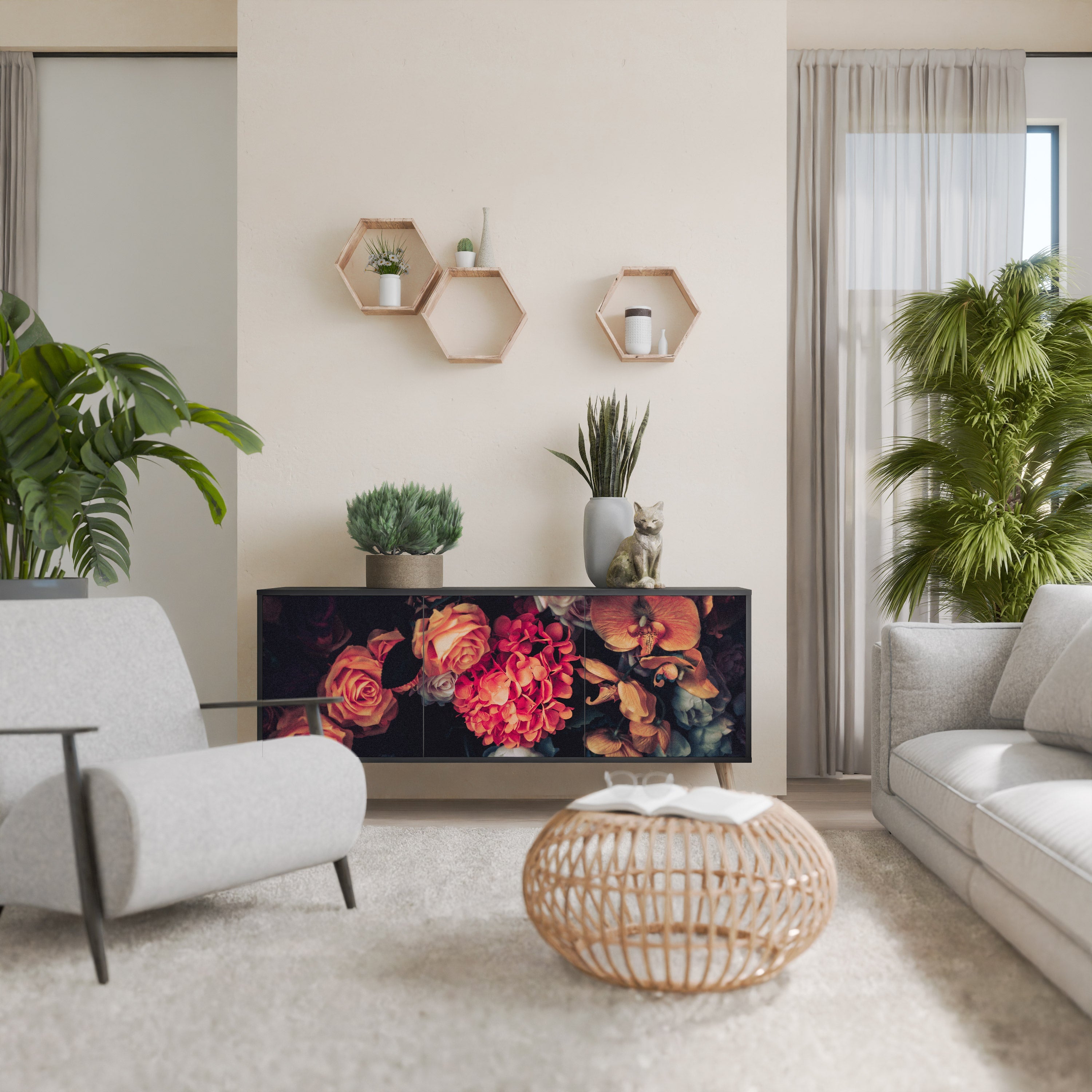 Buffet 3 portes NEVERENDING BLOOM en finition noire