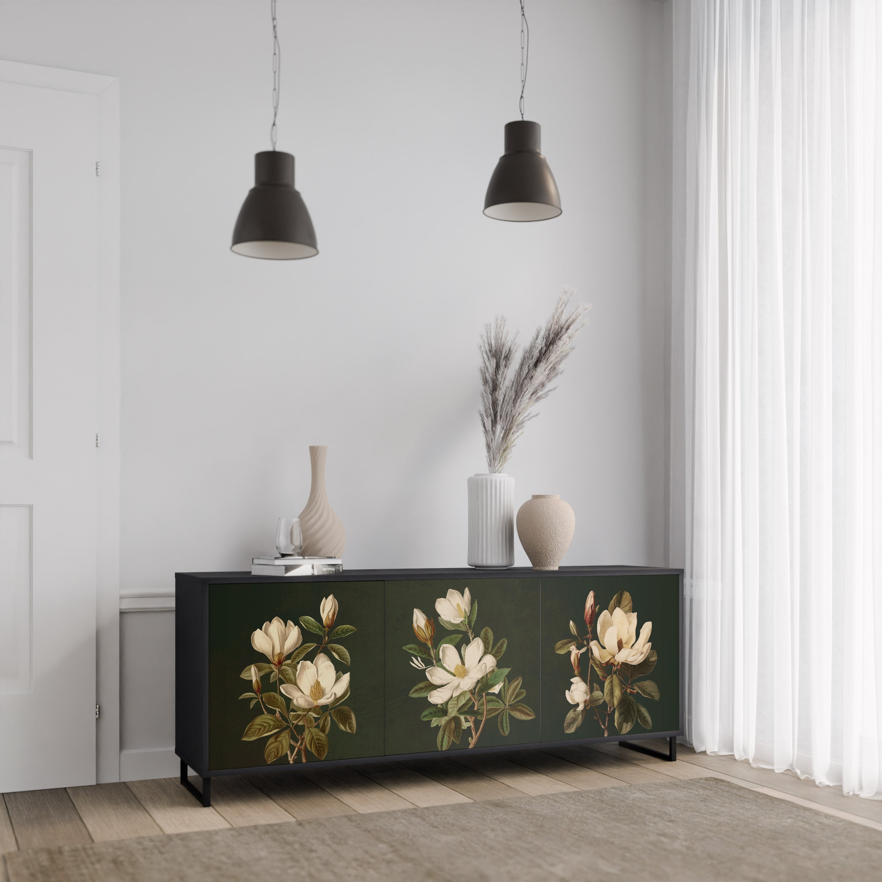 Buffet 3 portes FLORAL NOIR finition noire