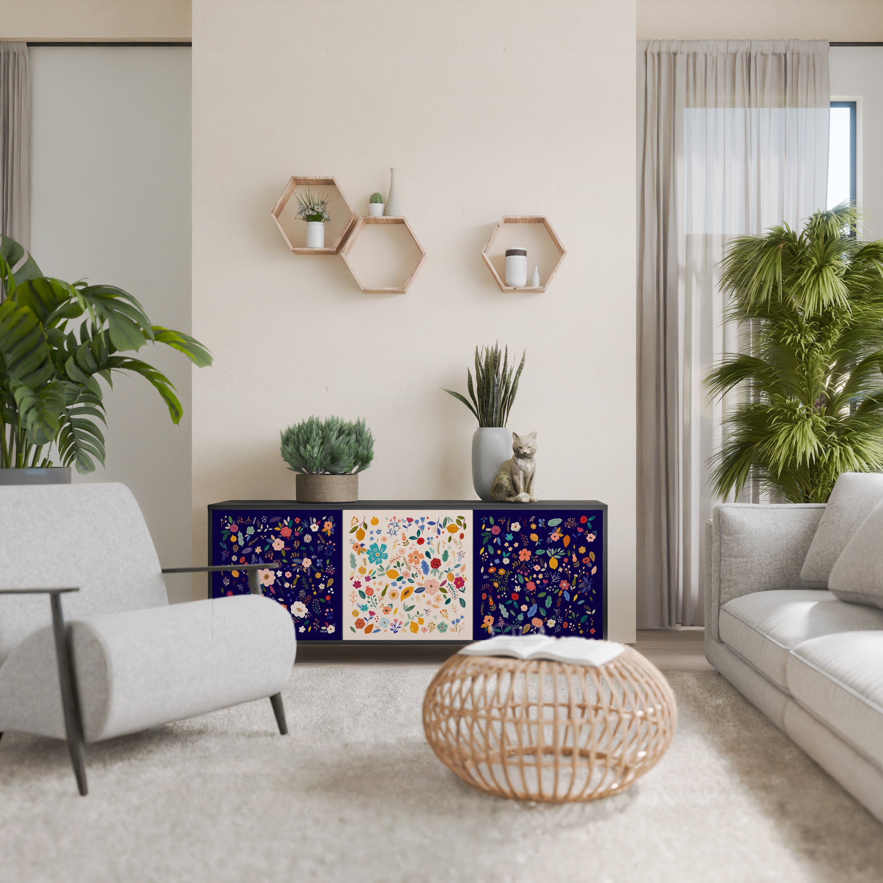 Buffet 3 portes FLORAL COMBINATION en finition noire