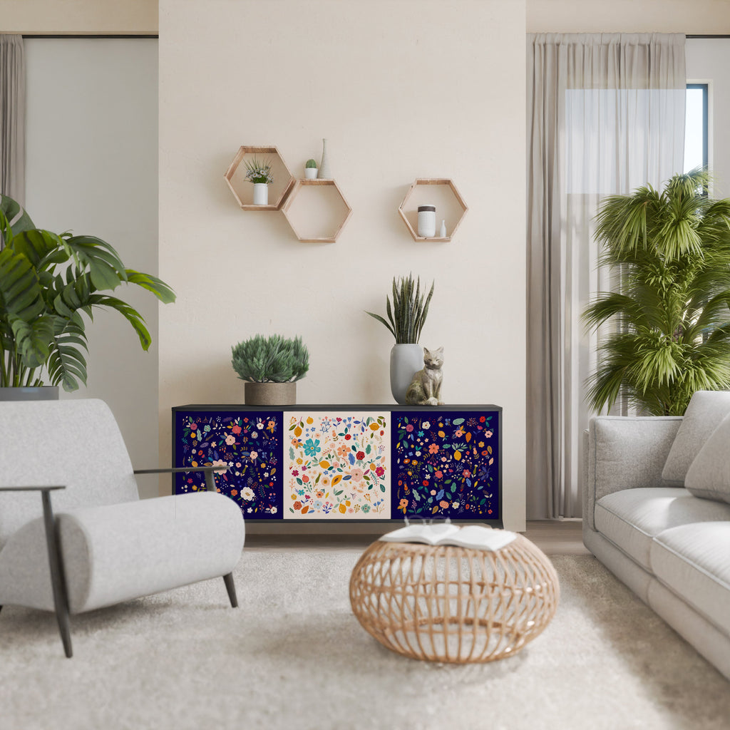 Buffet 3 portes FLORAL COMBINATION en finition noire