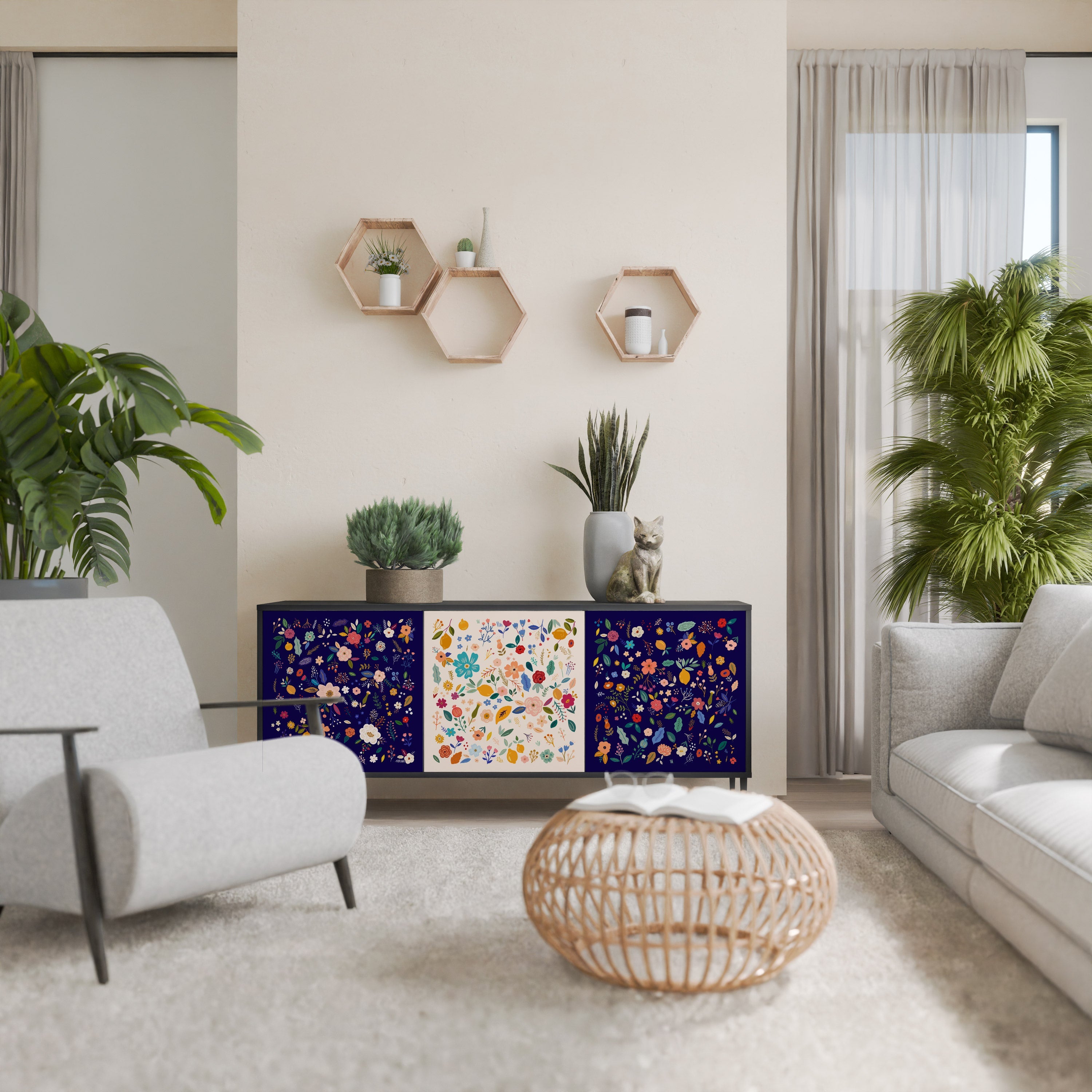 Buffet 3 portes FLORAL COMBINATION en finition noire