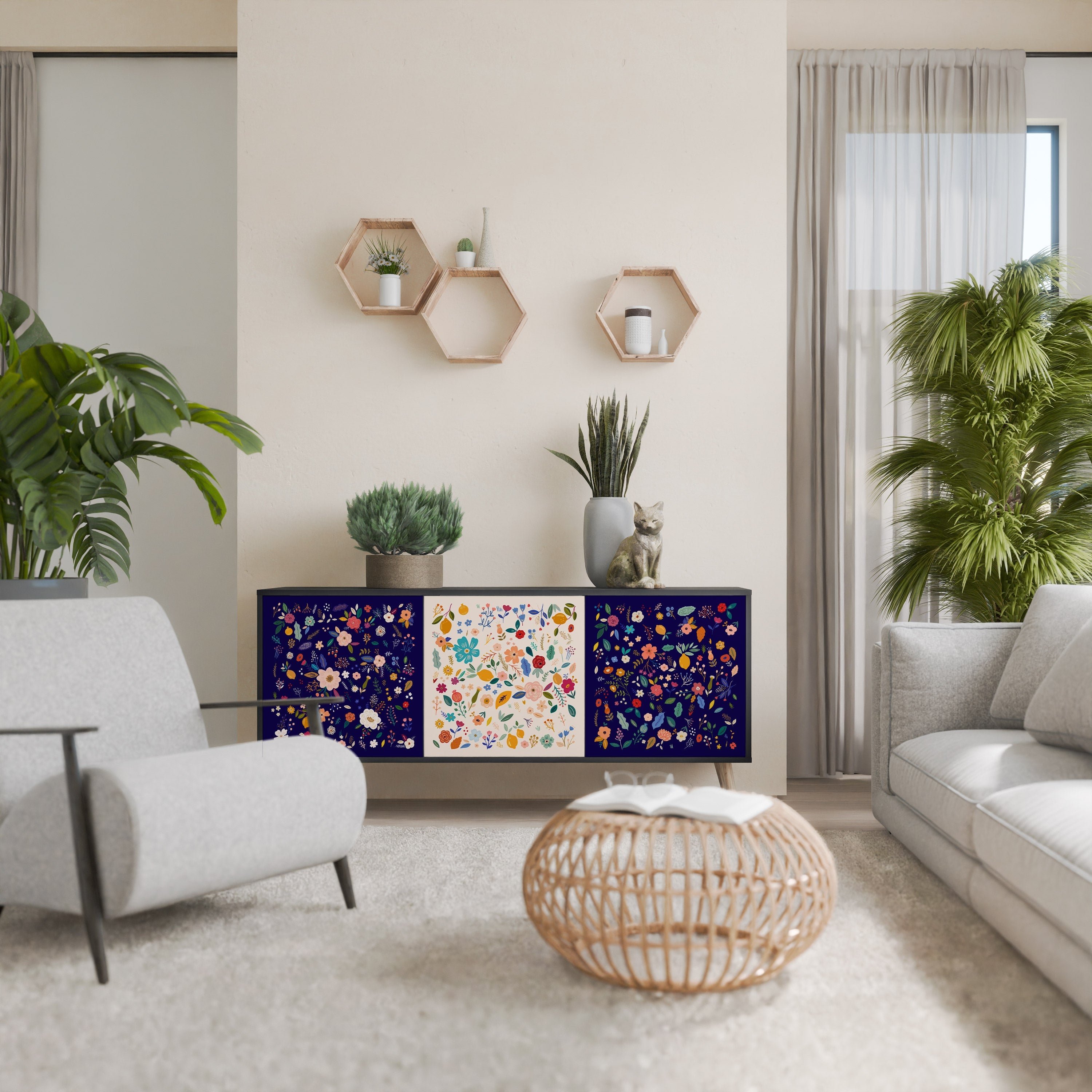 Buffet 3 portes FLORAL COMBINATION en finition noire