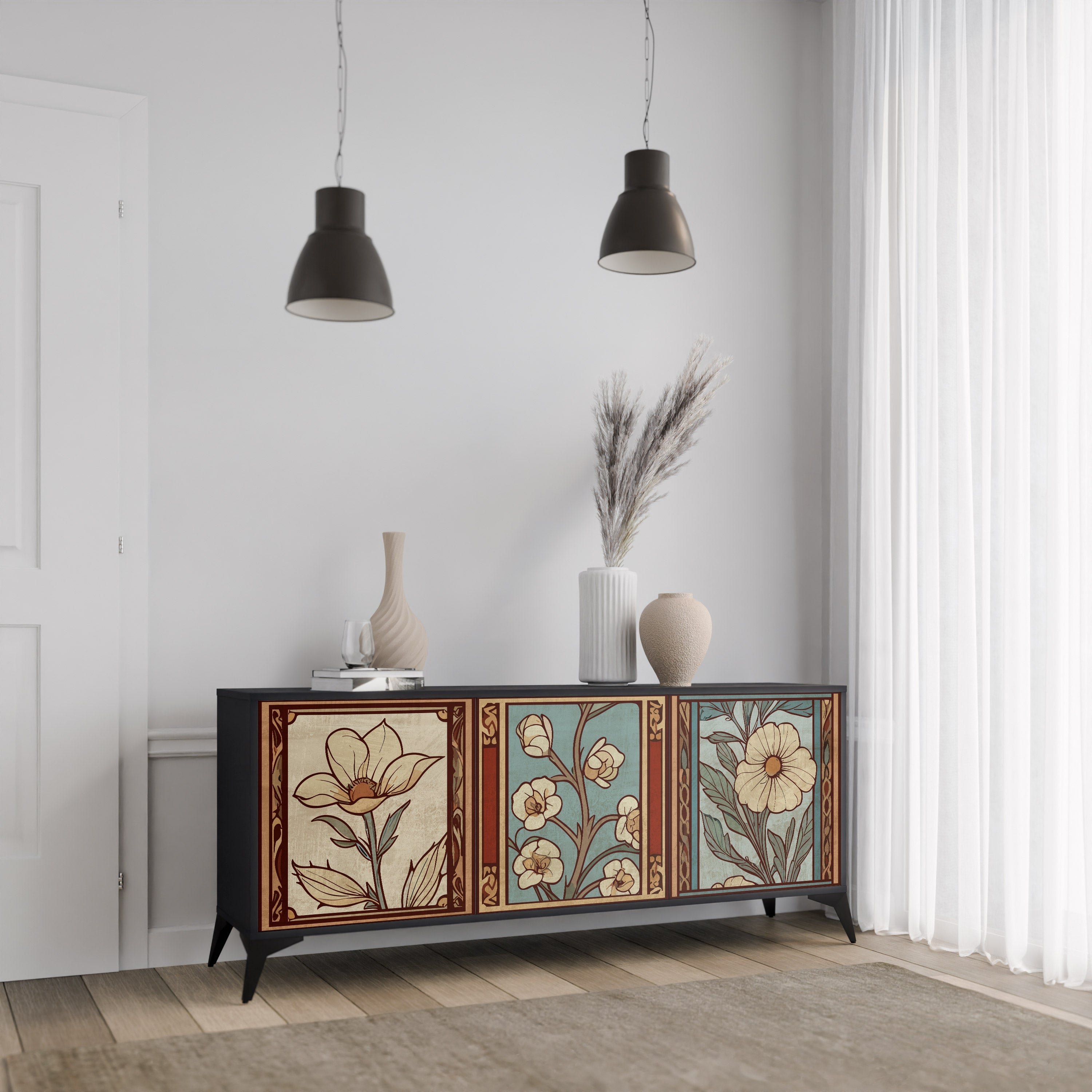 Buffet 3 portes TIMELESS FLORA finition noire