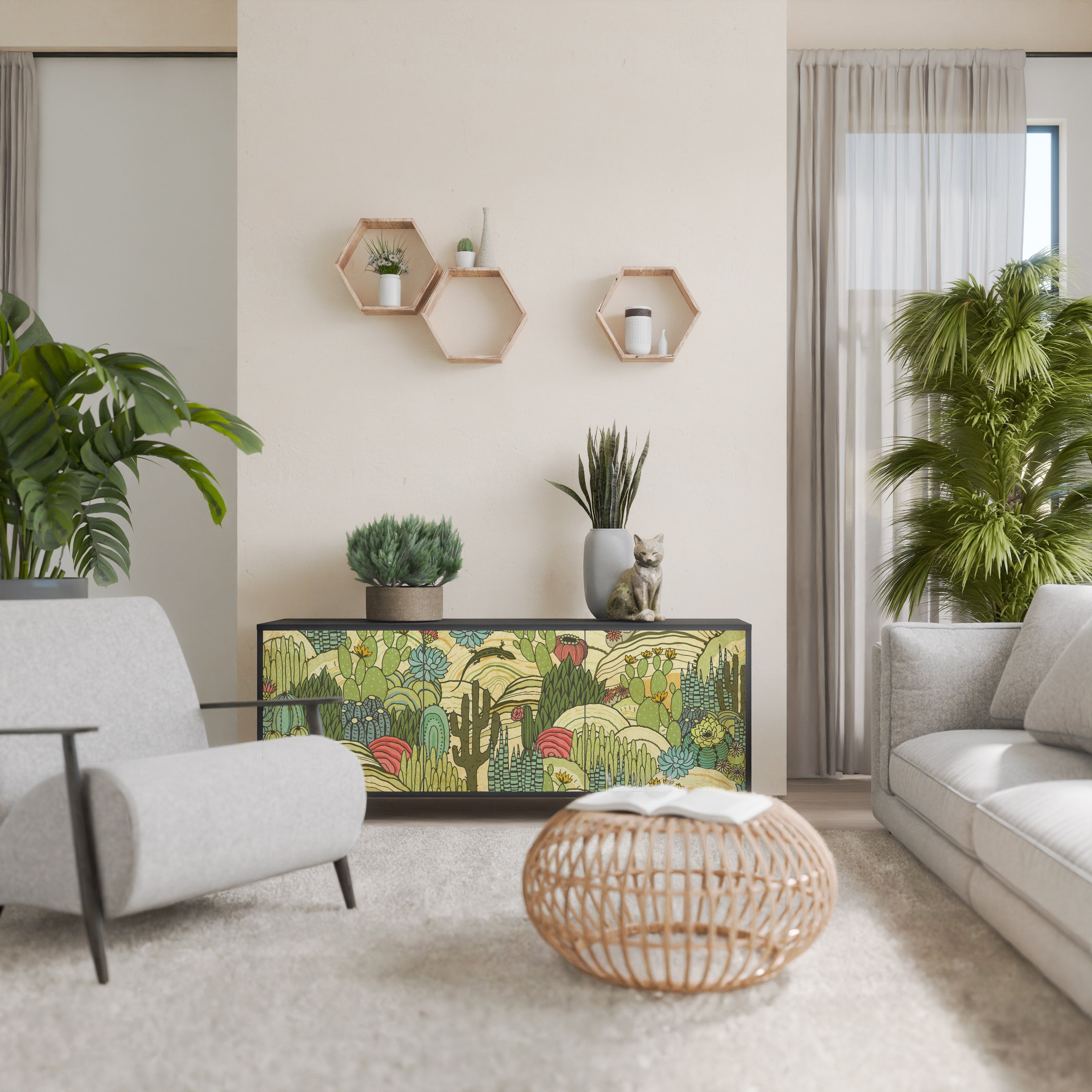 Buffet 3 portes SUCCULENTS KALEIDOSCOPE en finition noire