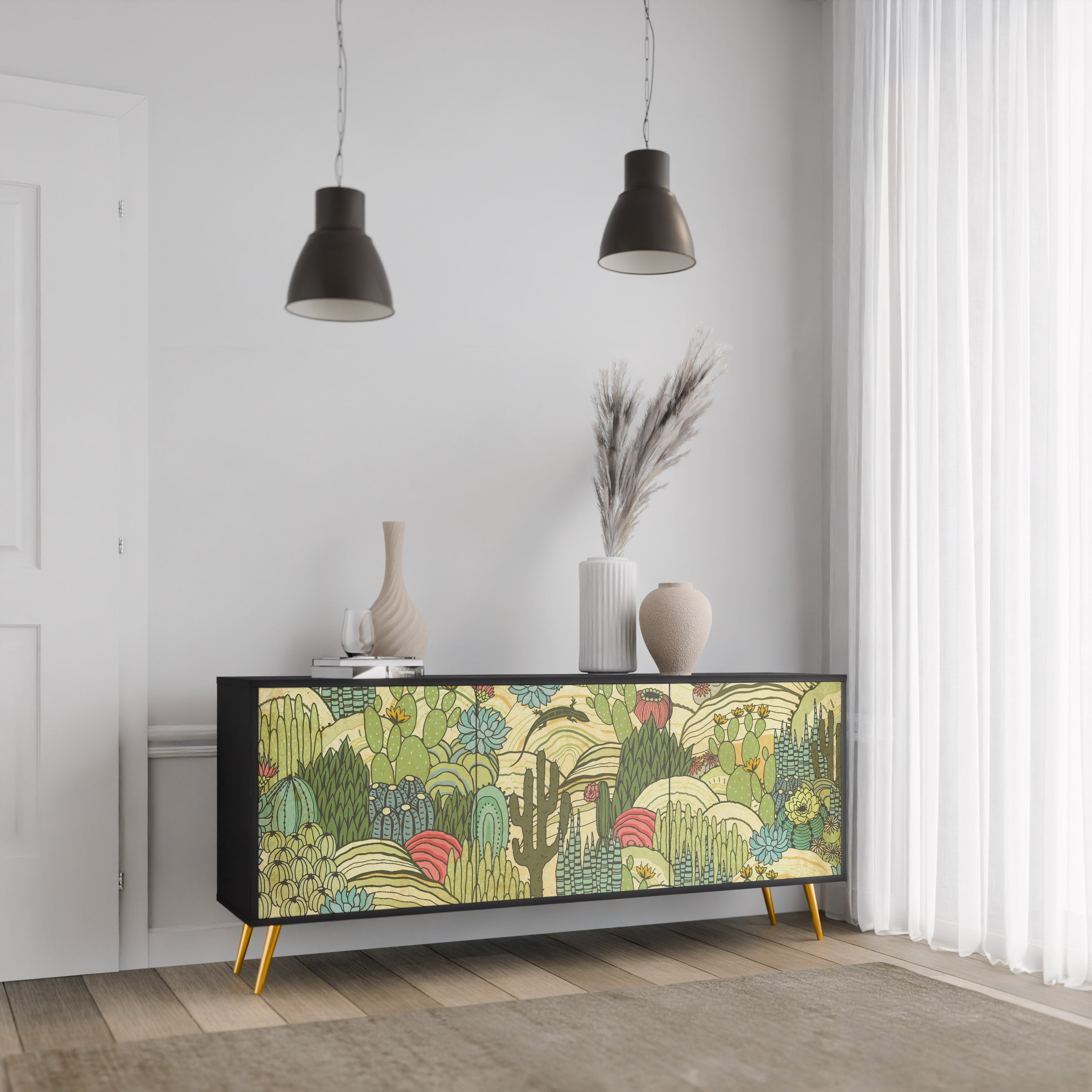 Buffet 3 portes SUCCULENTS KALEIDOSCOPE en finition noire