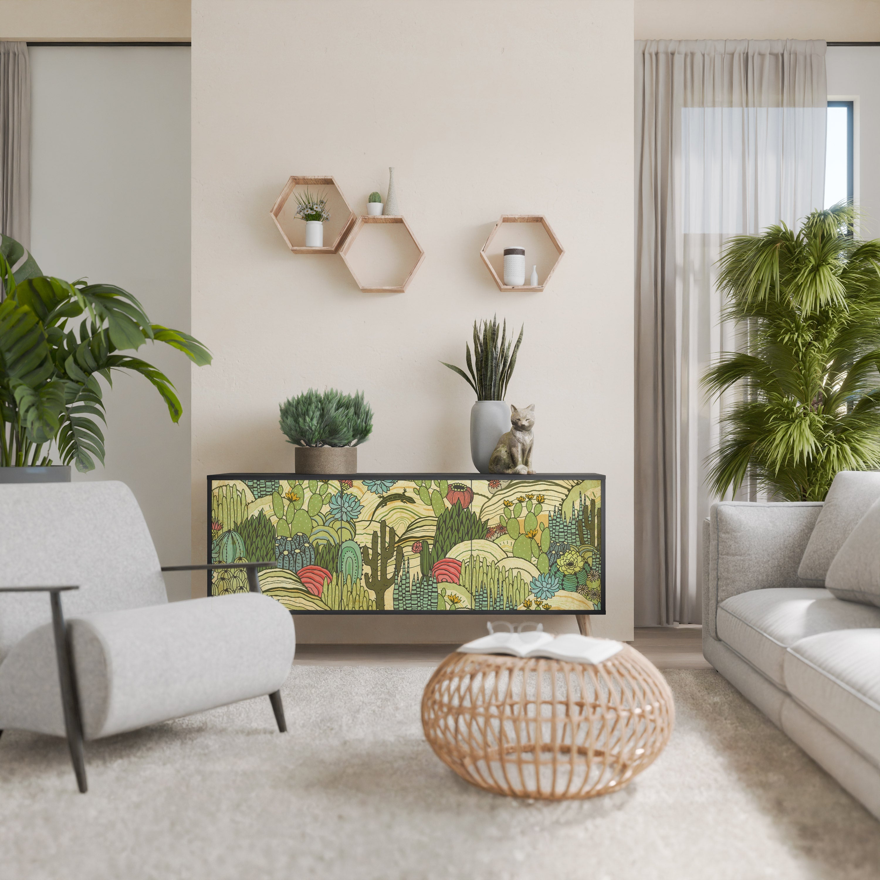 Buffet 3 portes SUCCULENTS KALEIDOSCOPE en finition noire