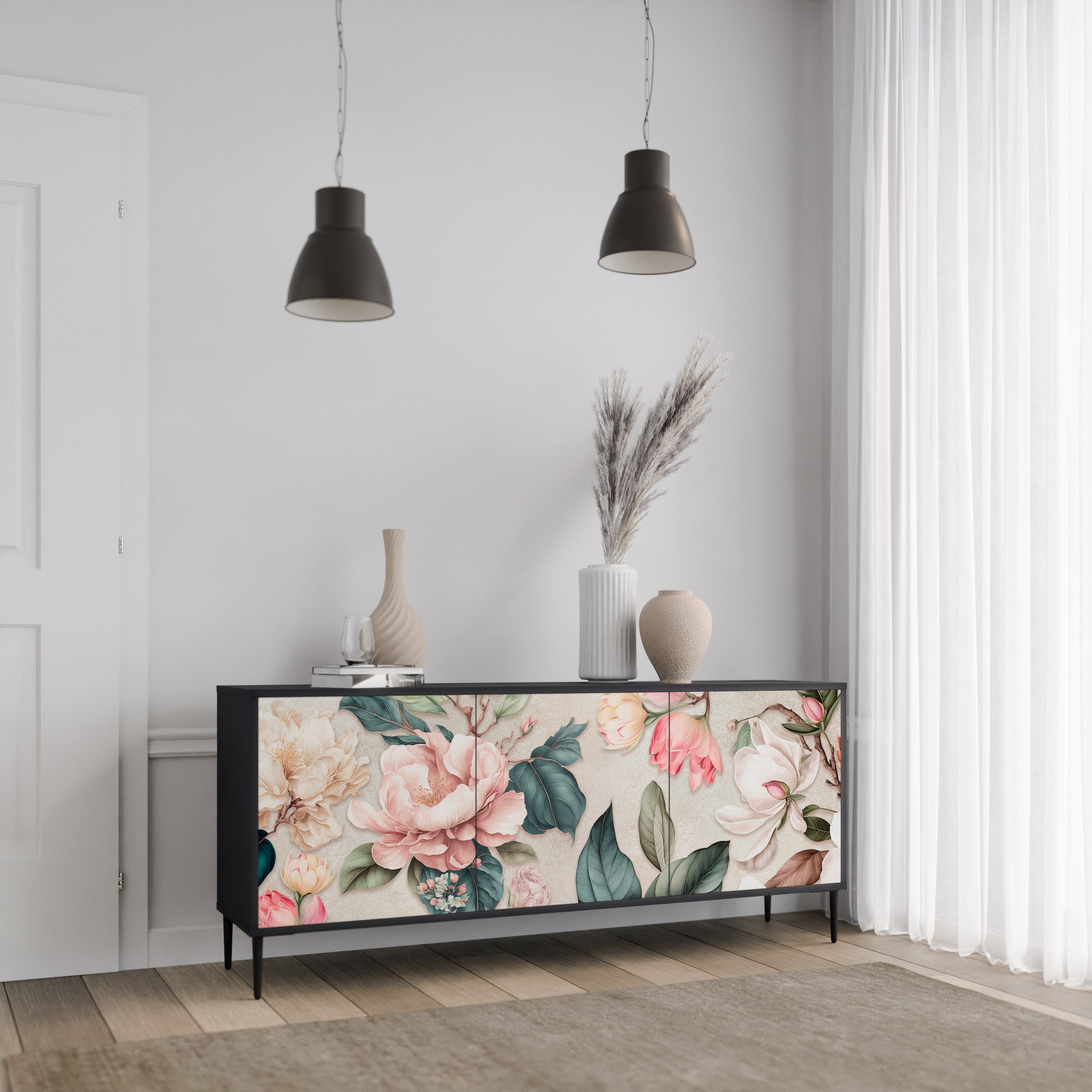 Buffet 3 portes FLORAL GRACE finition noire