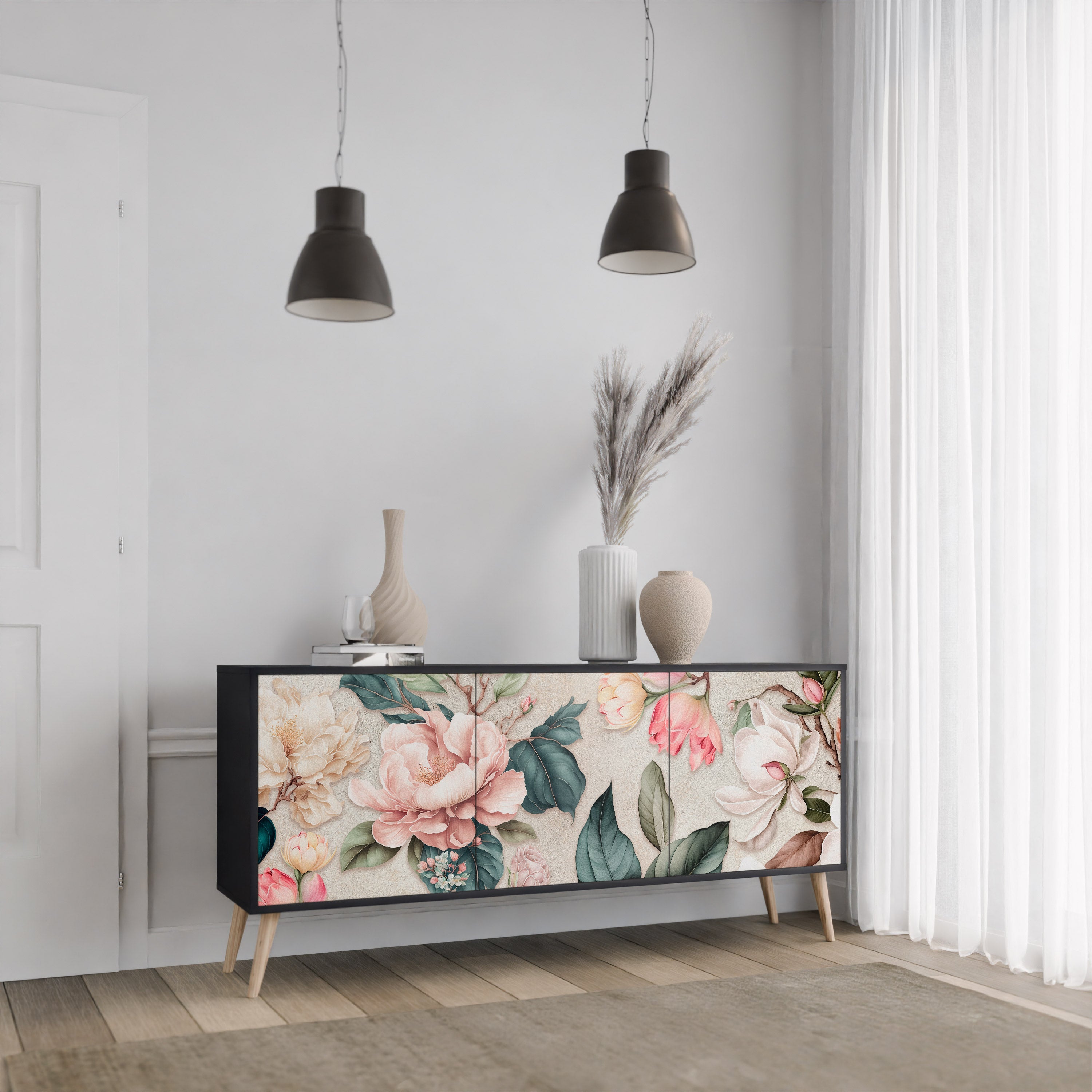 Buffet 3 portes FLORAL GRACE finition noire
