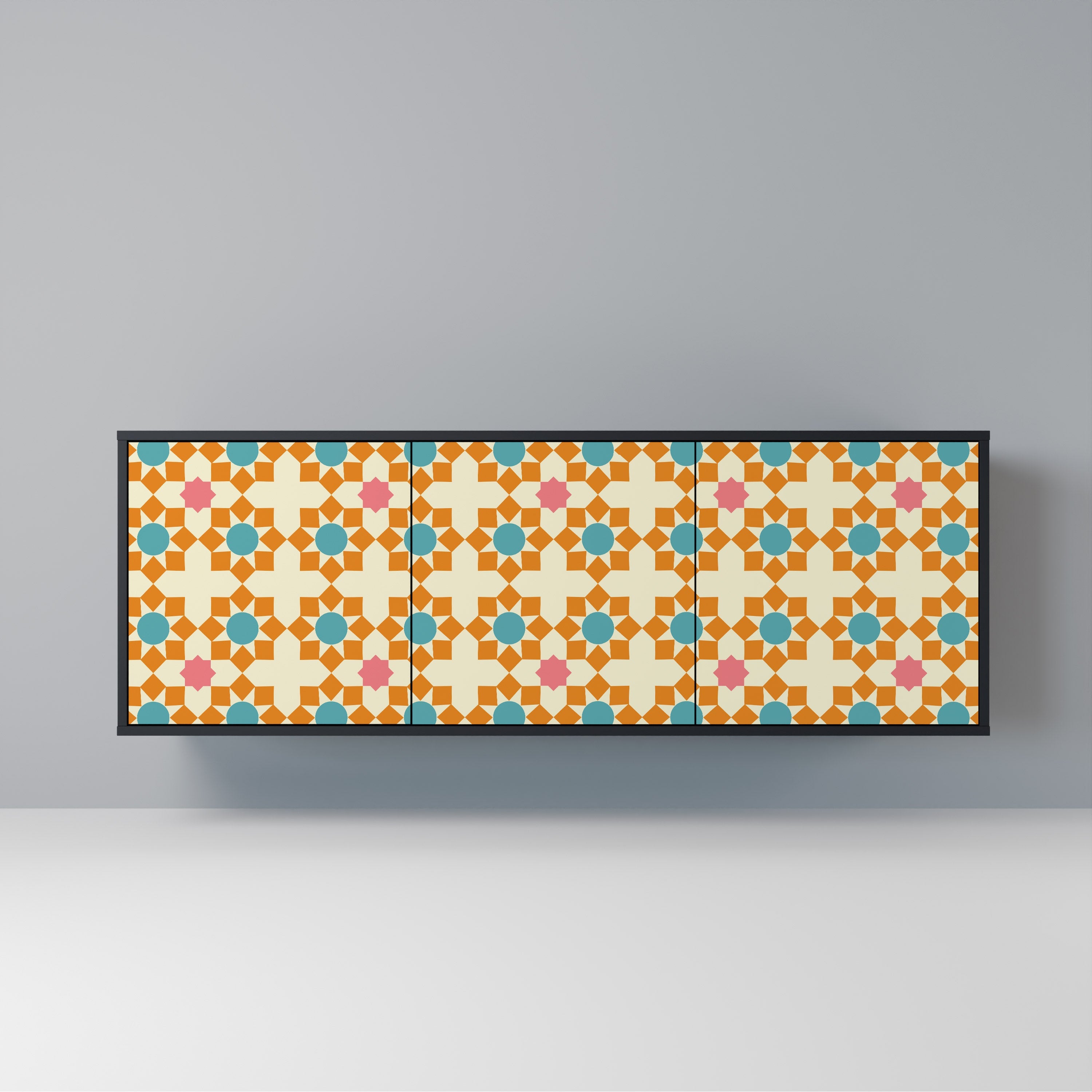 Buffet 3 portes à décor floral, finition noire