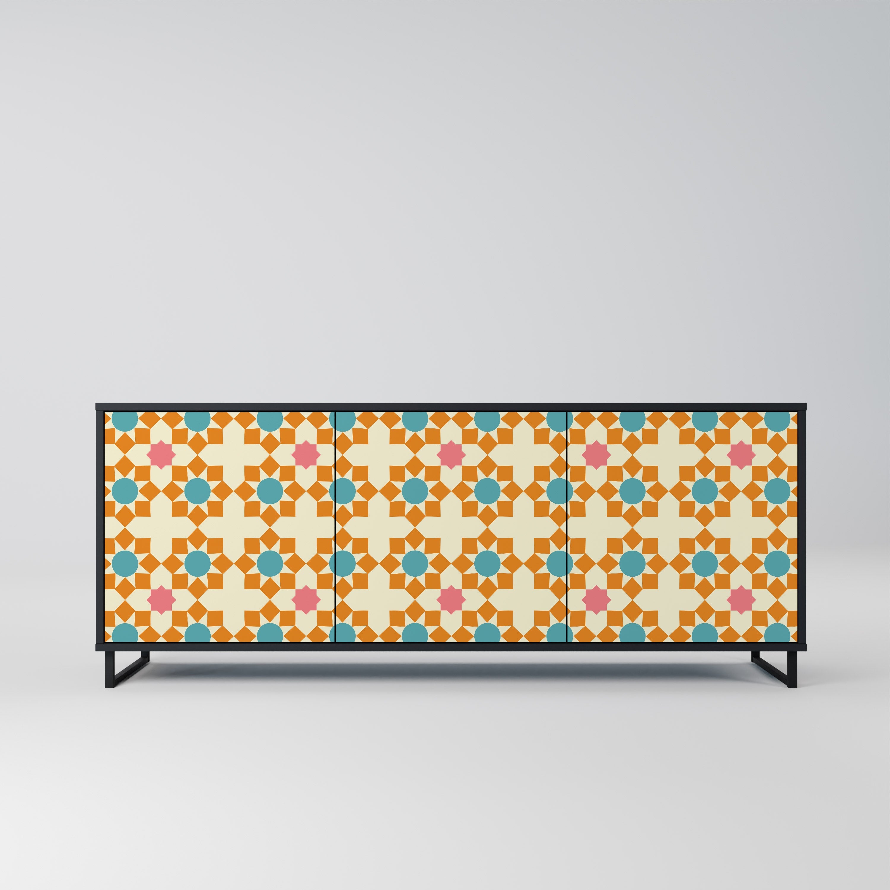 Buffet 3 portes à décor floral, finition noire