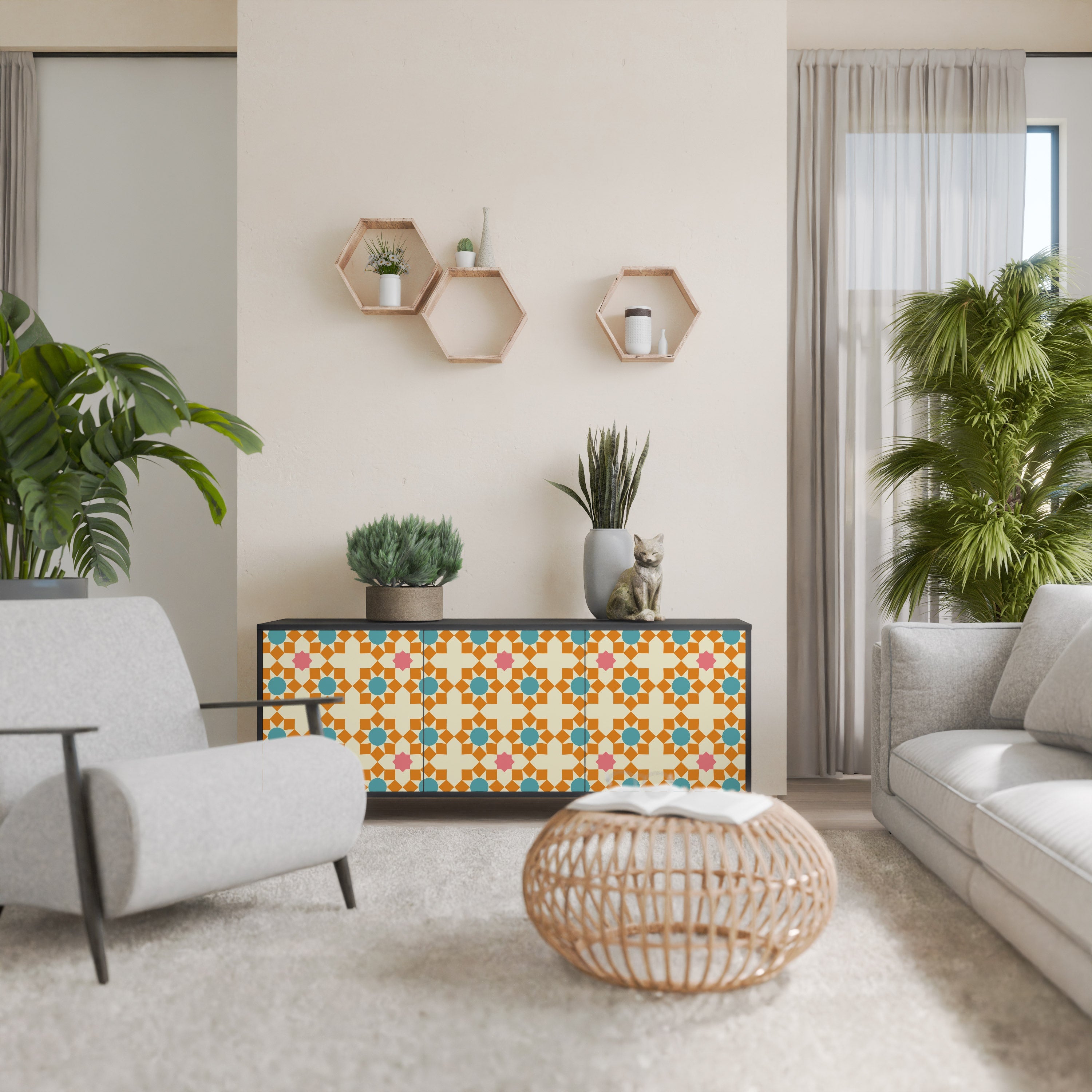 Buffet 3 portes à décor floral, finition noire