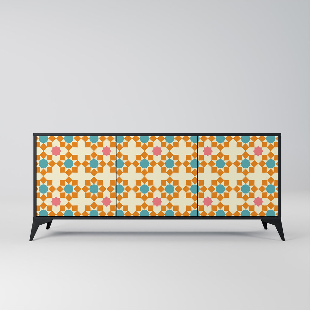 Buffet 3 portes à décor floral, finition noire