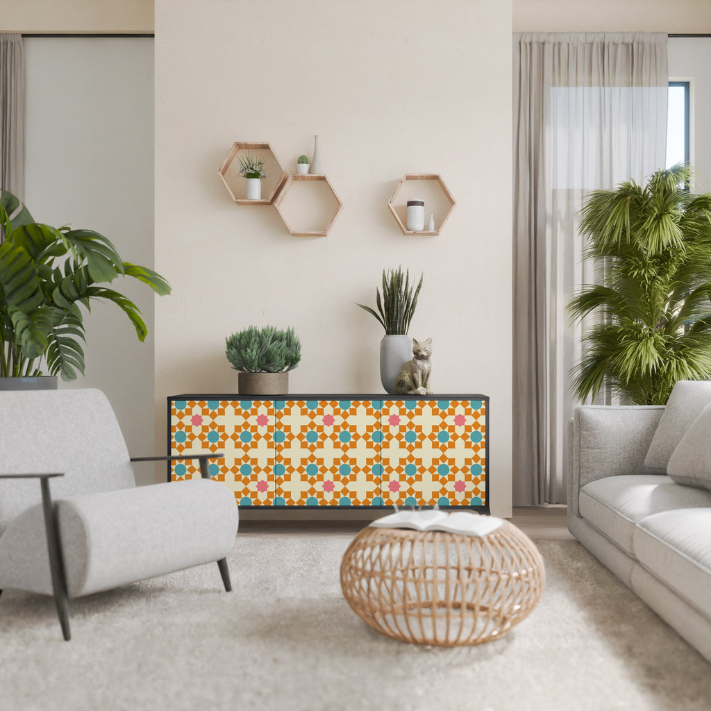 Buffet 3 portes à décor floral, finition noire