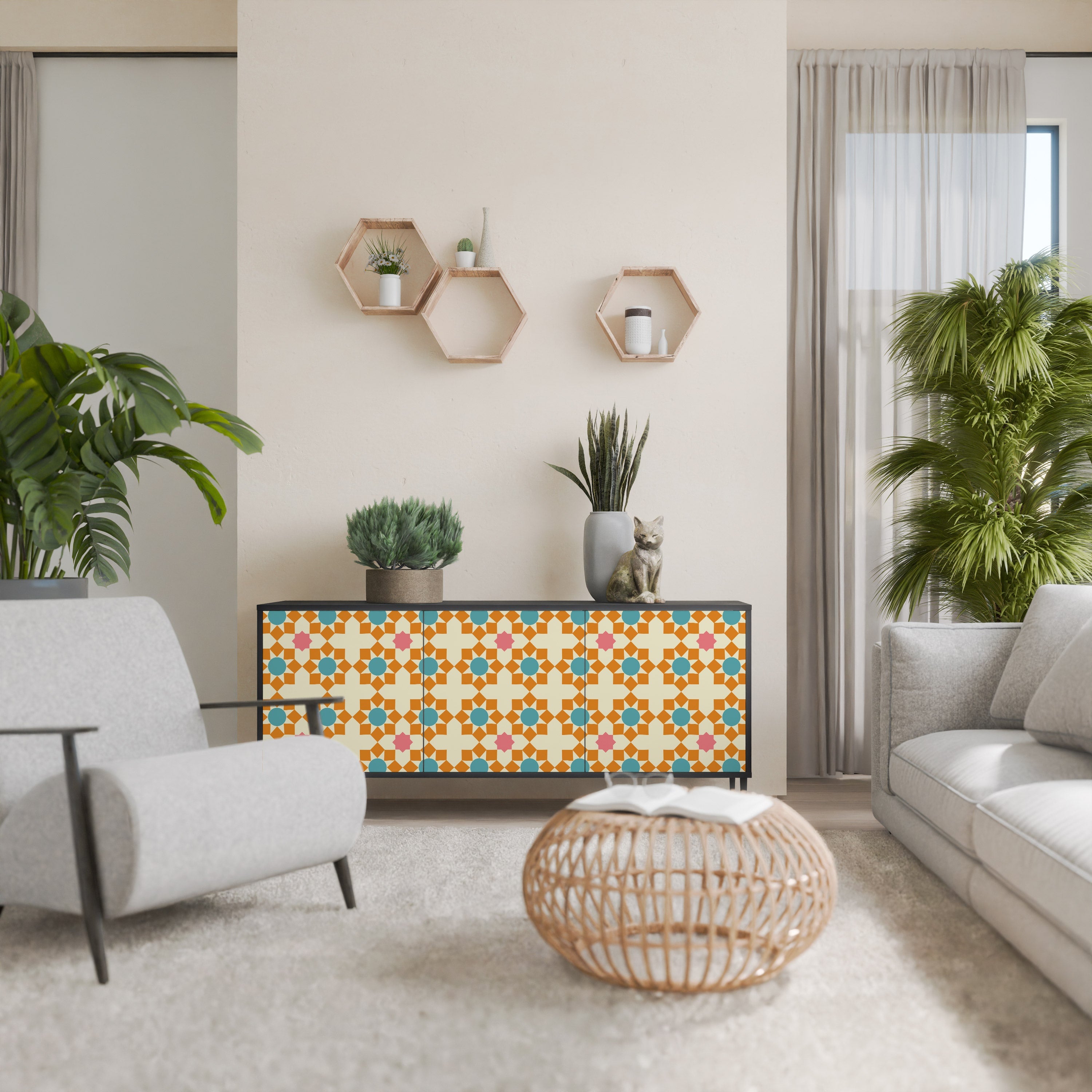 Buffet 3 portes à décor floral, finition noire