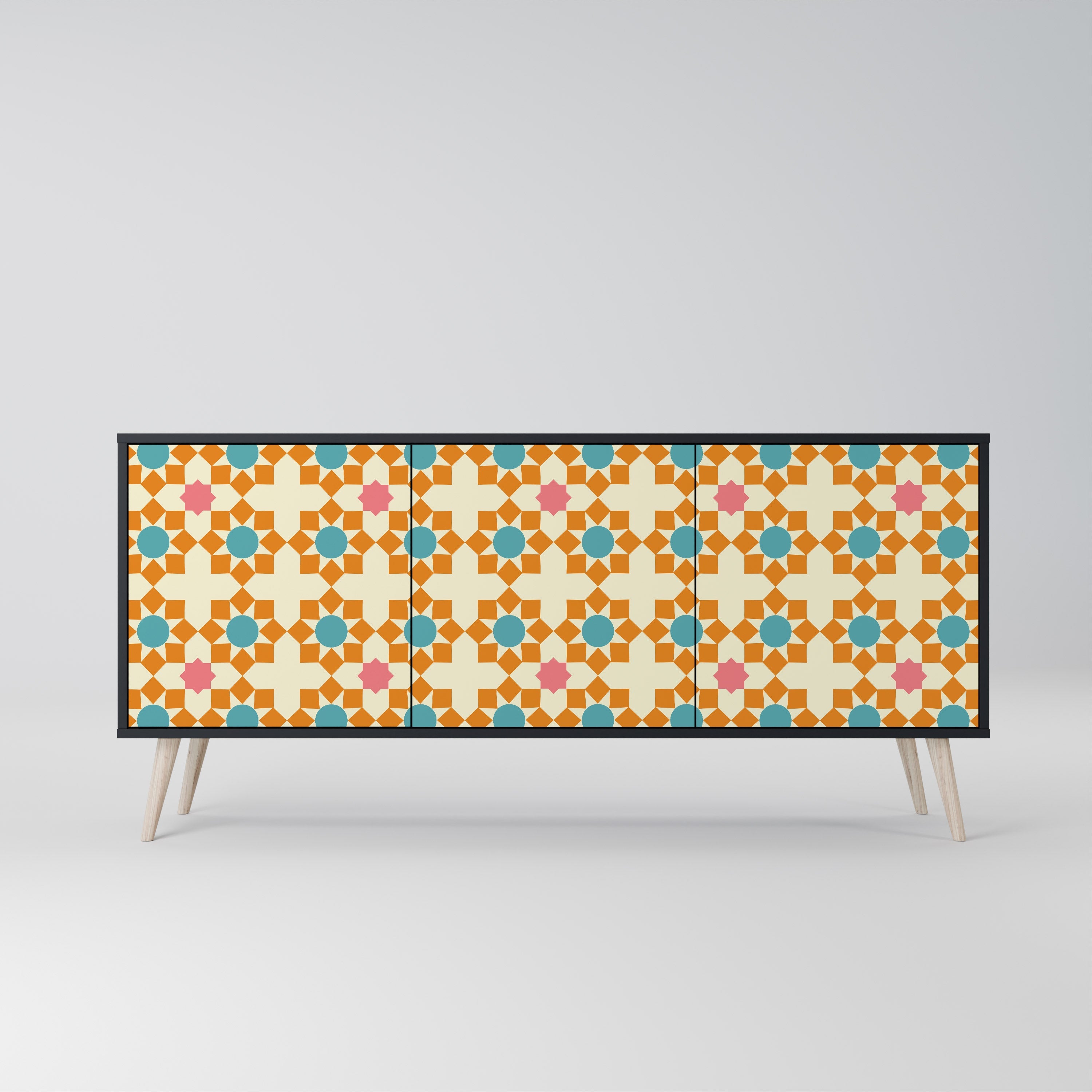 Buffet 3 portes à décor floral, finition noire