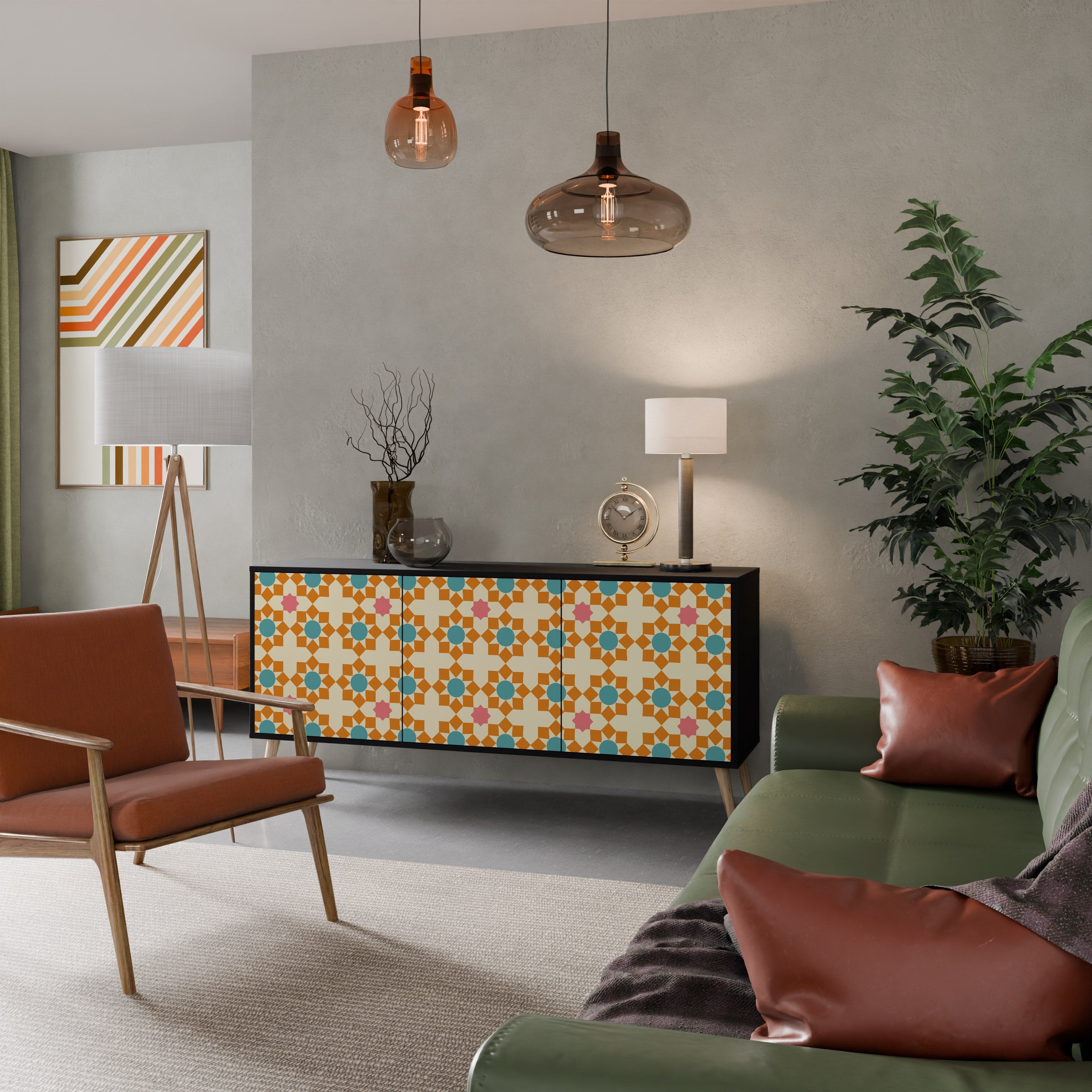 Buffet 3 portes à décor floral, finition noire