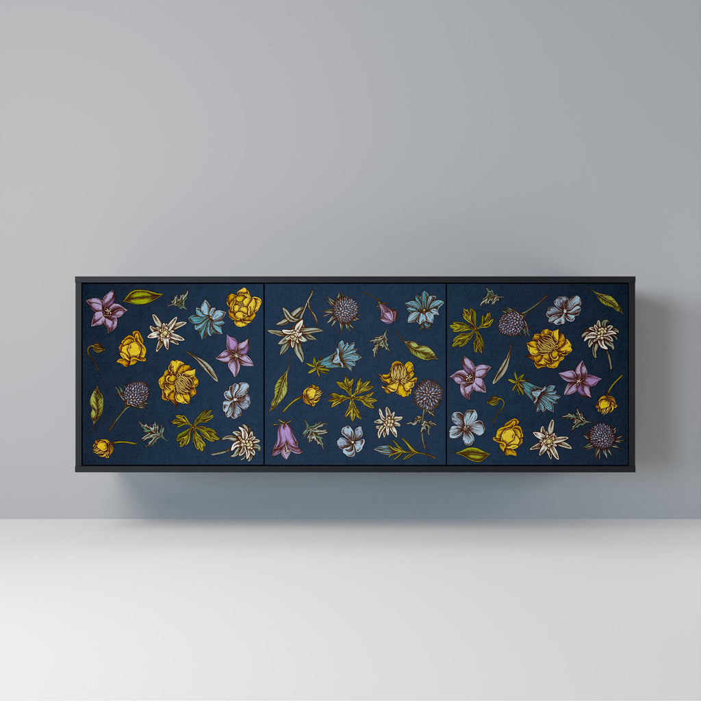 Buffet 3 portes FLOWERS ON NAVY BLUE, finition noire