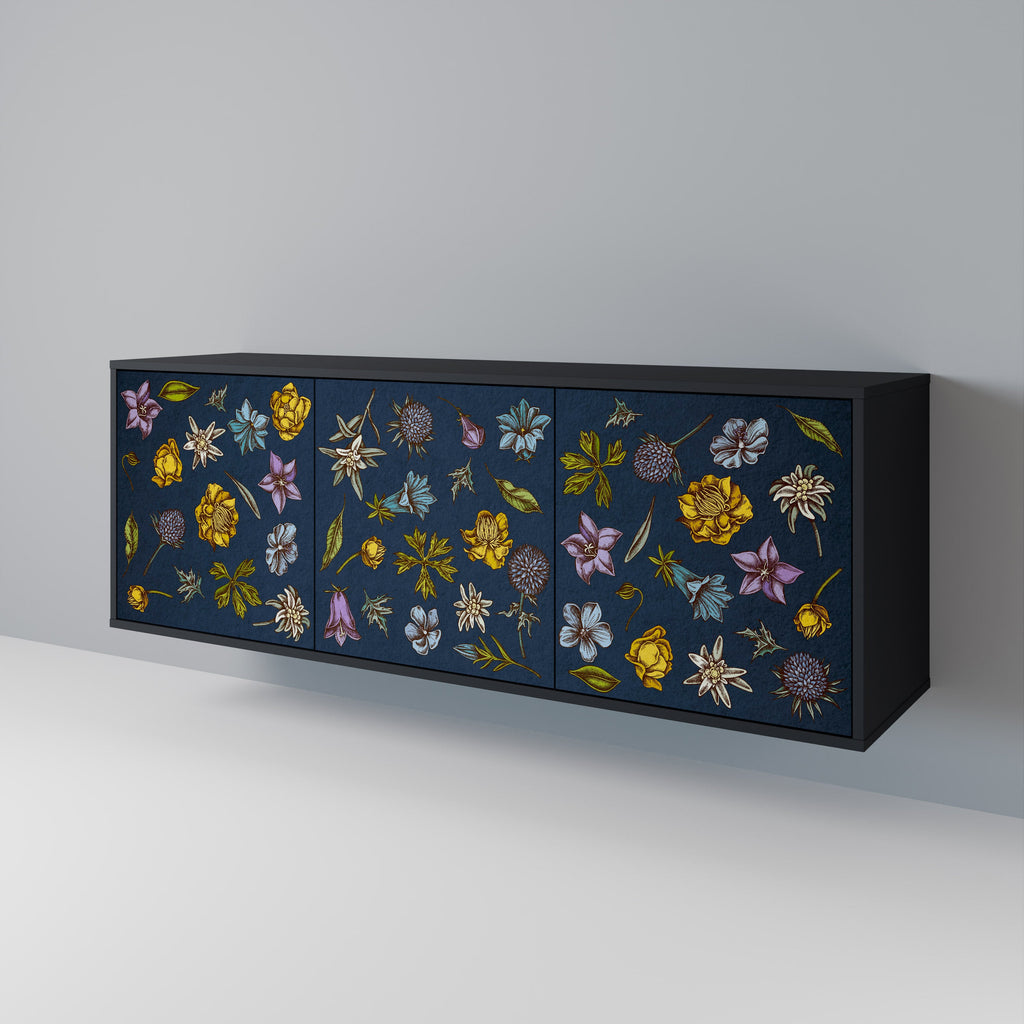 Buffet 3 portes FLOWERS ON NAVY BLUE, finition noire