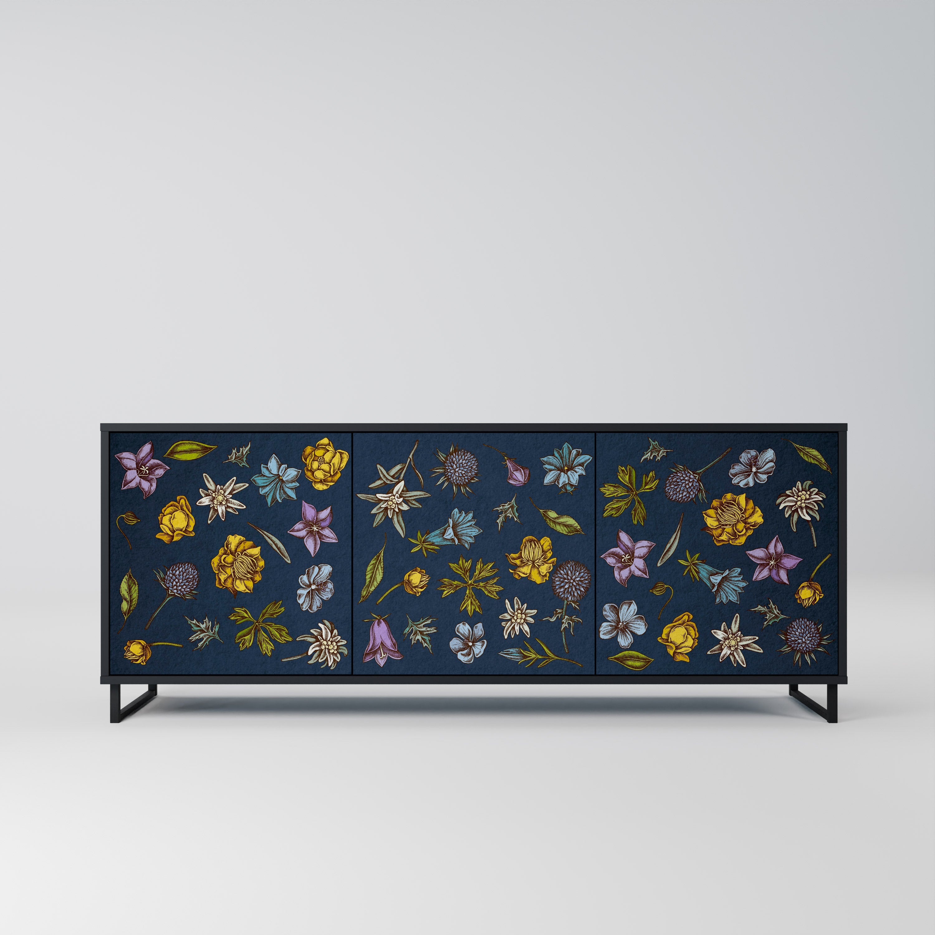 Buffet 3 portes FLOWERS ON NAVY BLUE, finition noire