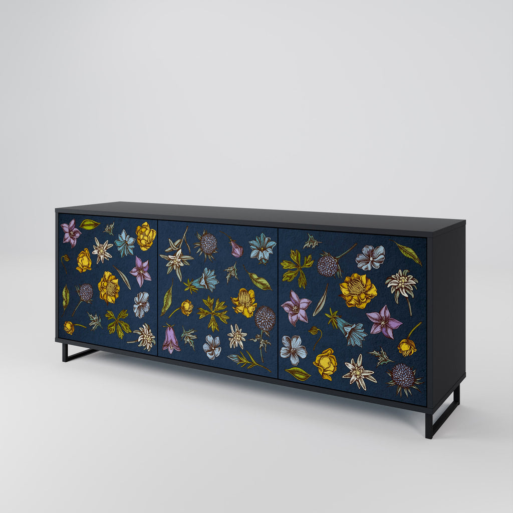Buffet 3 portes FLOWERS ON NAVY BLUE, finition noire