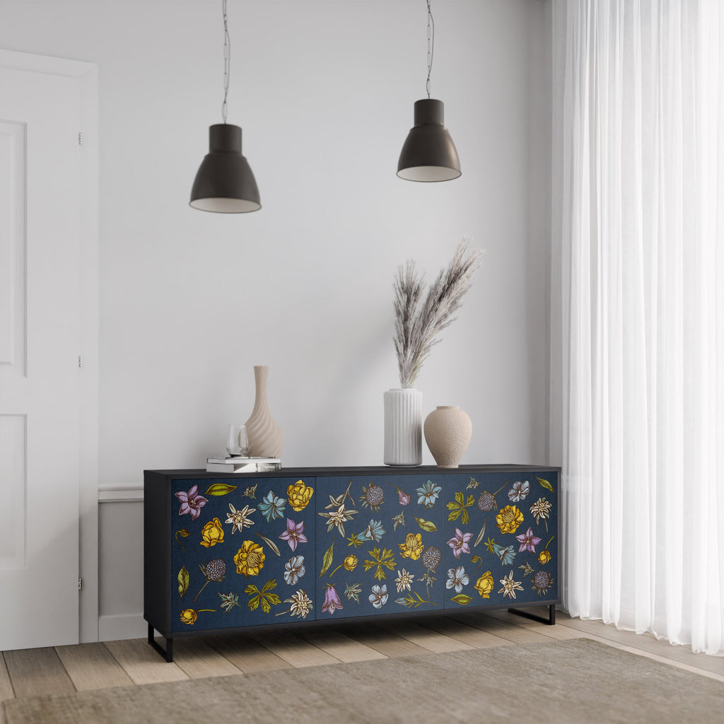 Buffet 3 portes FLOWERS ON NAVY BLUE, finition noire