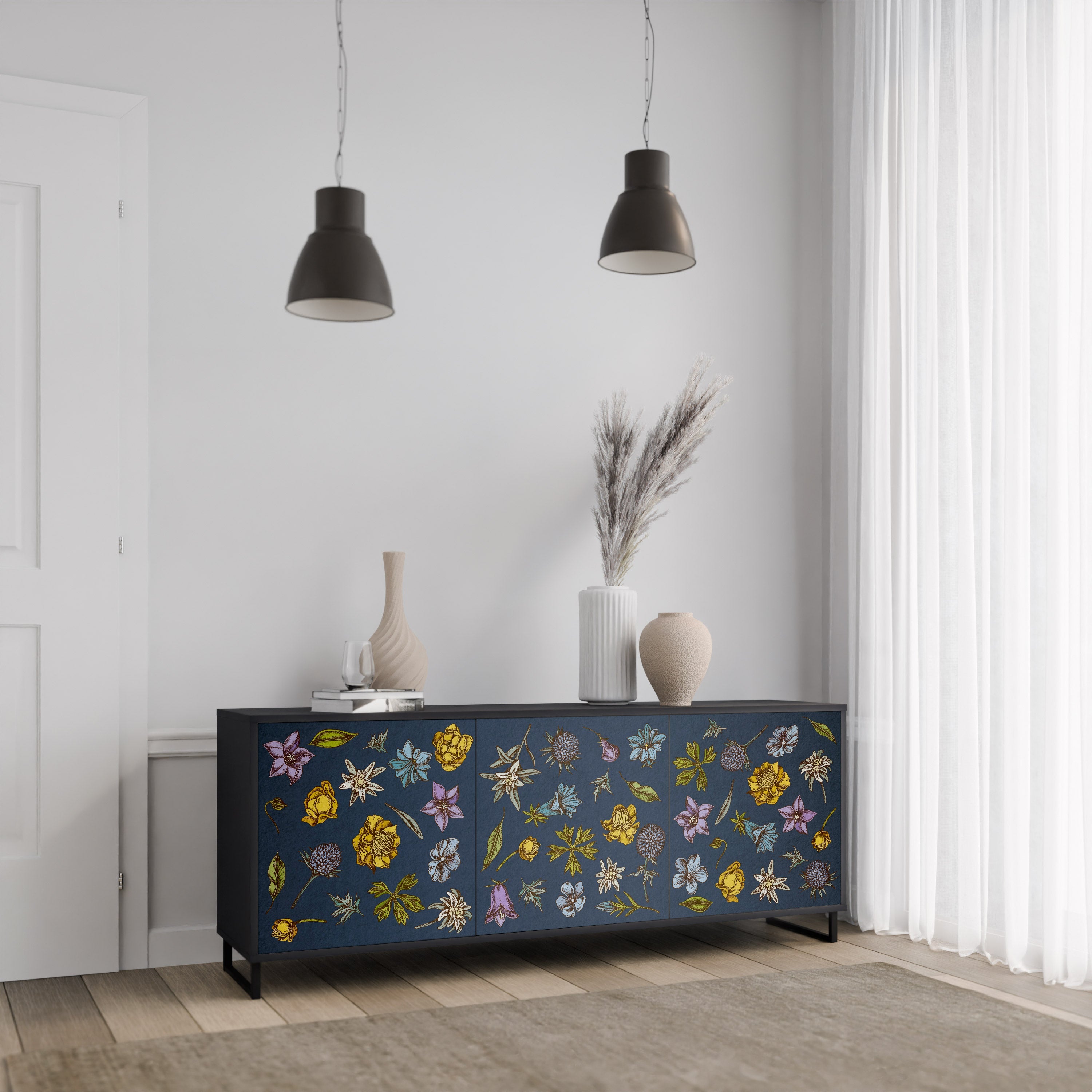 Buffet 3 portes FLOWERS ON NAVY BLUE, finition noire