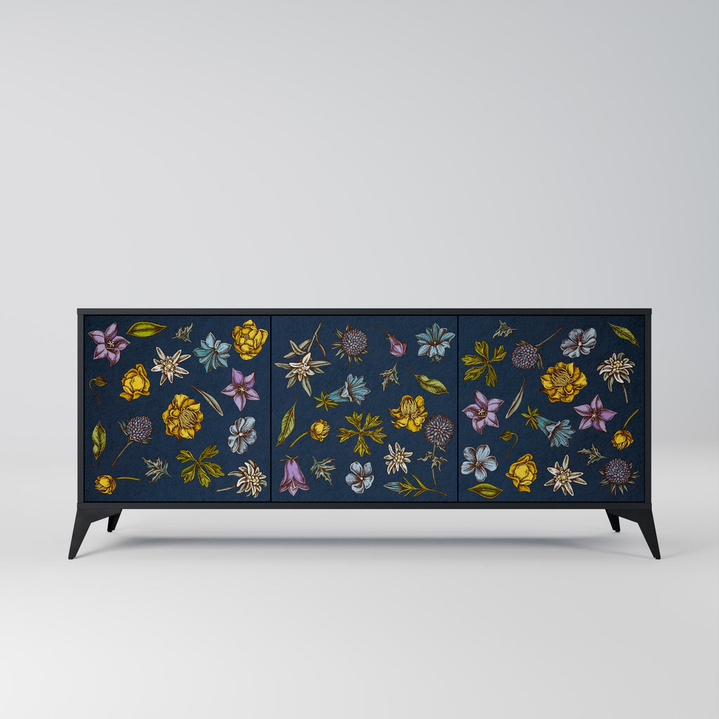 Buffet 3 portes FLOWERS ON NAVY BLUE, finition noire