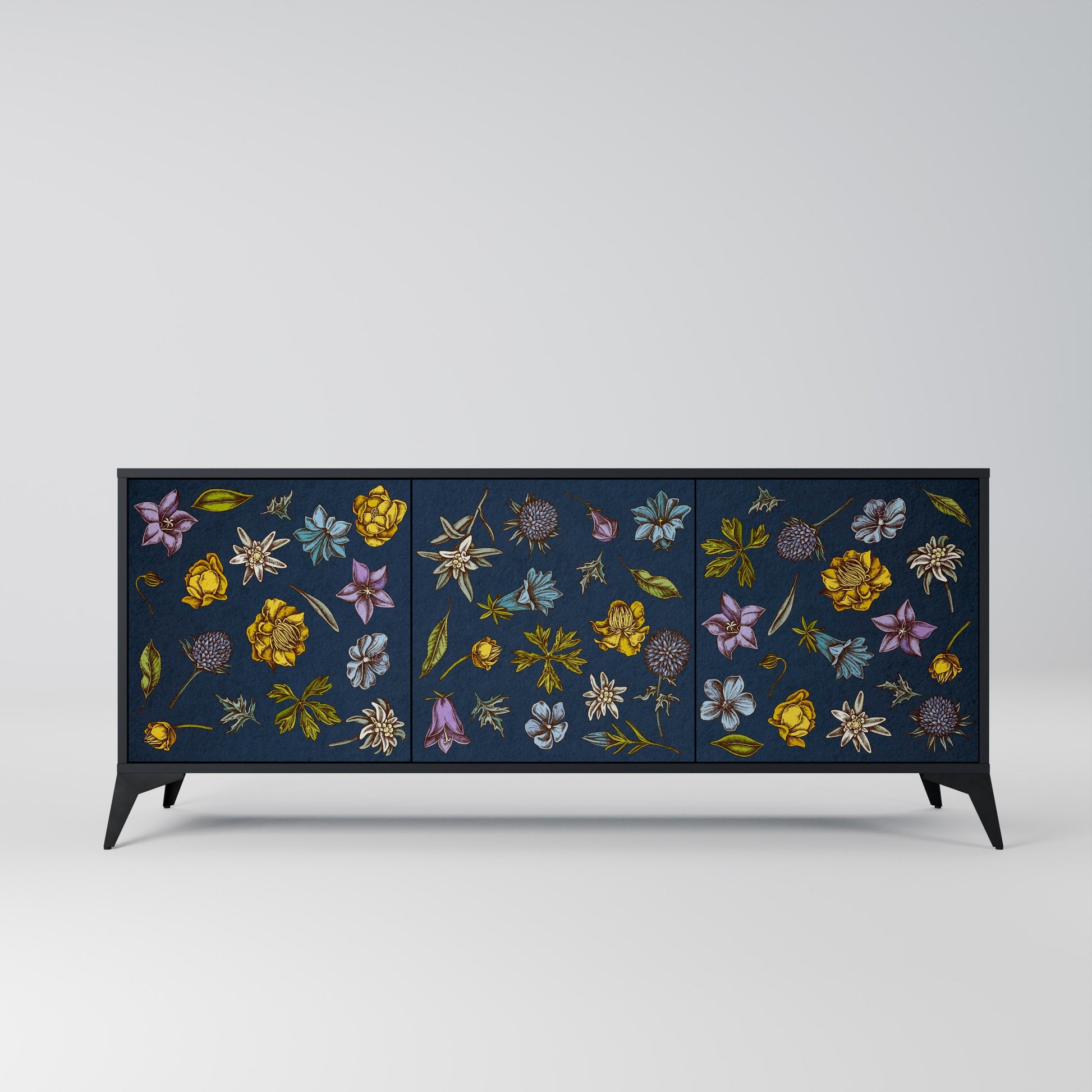 Buffet 3 portes FLOWERS ON NAVY BLUE, finition noire