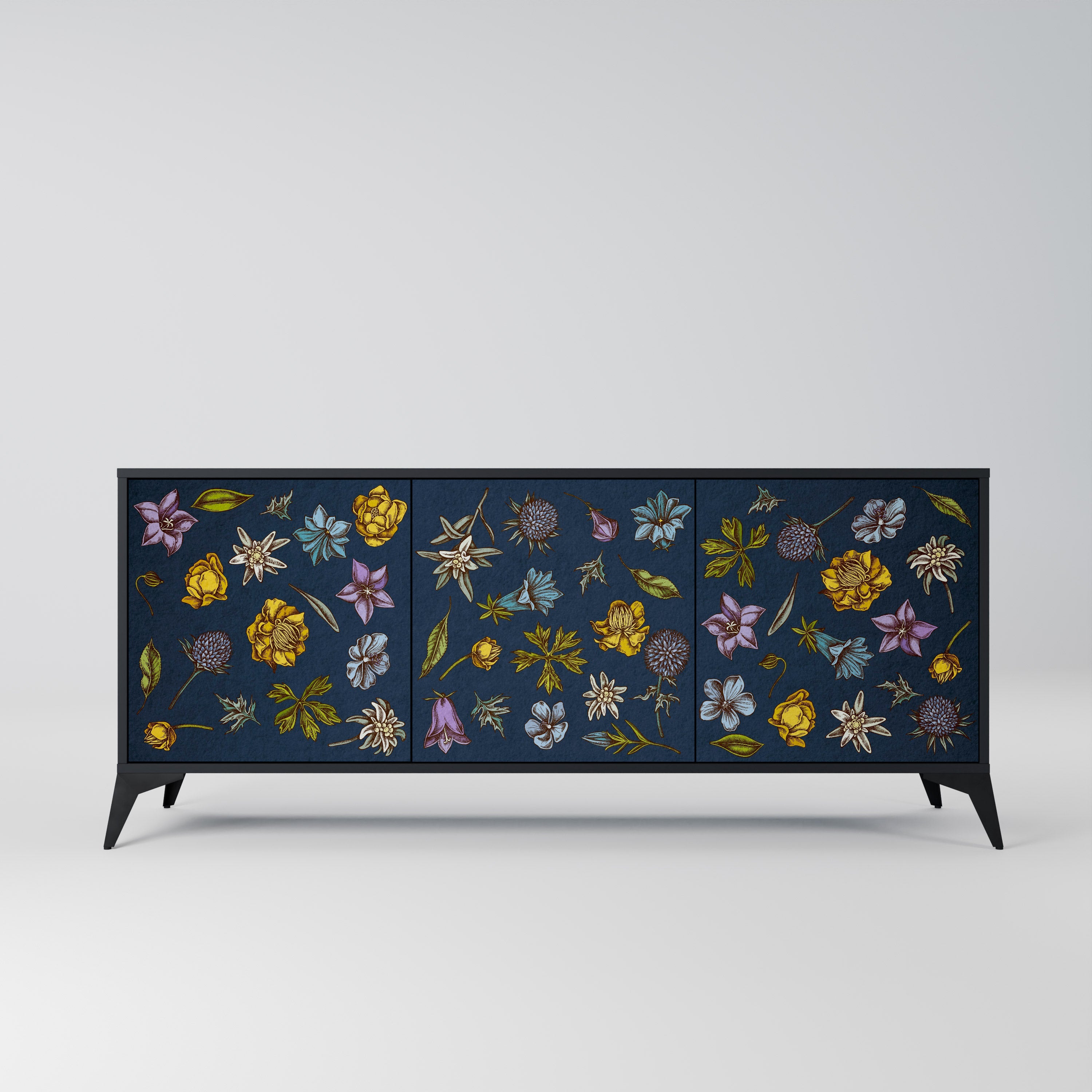 Buffet 3 portes FLOWERS ON NAVY BLUE, finition noire