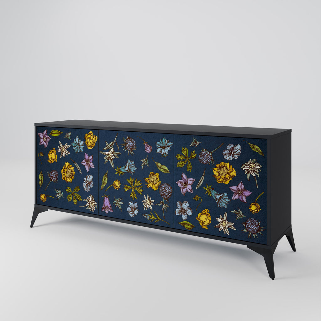 Buffet 3 portes FLOWERS ON NAVY BLUE, finition noire