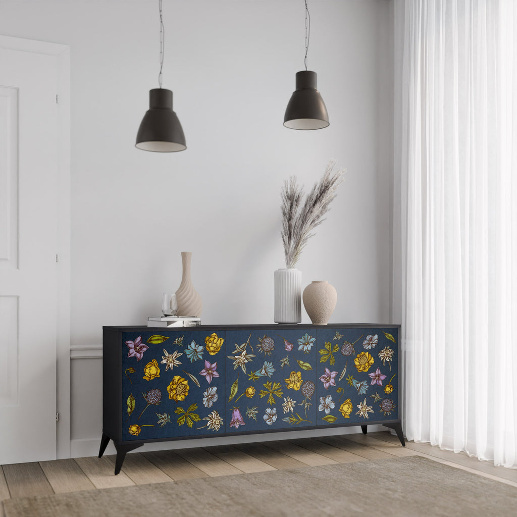 Buffet 3 portes FLOWERS ON NAVY BLUE, finition noire
