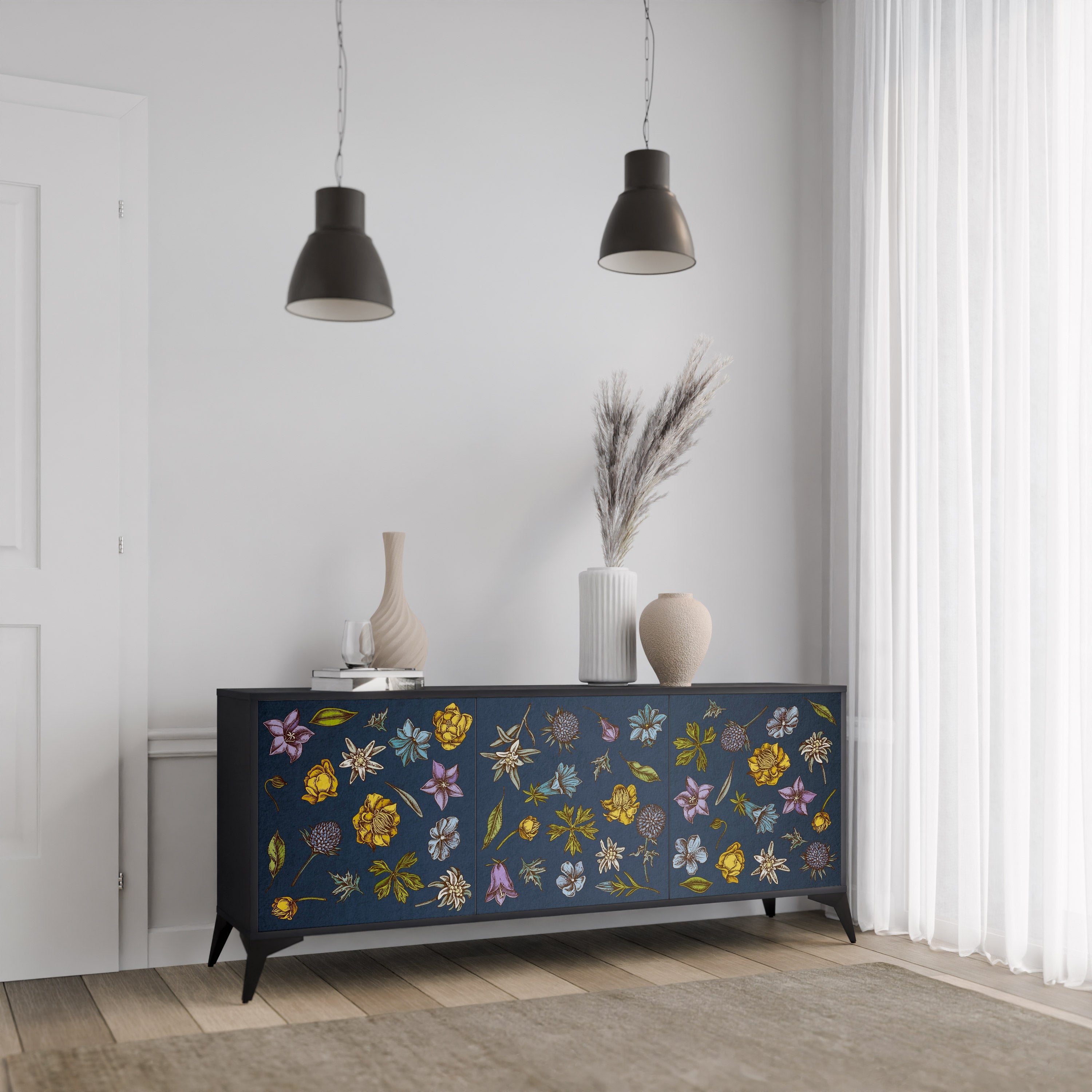 Buffet 3 portes FLOWERS ON NAVY BLUE, finition noire