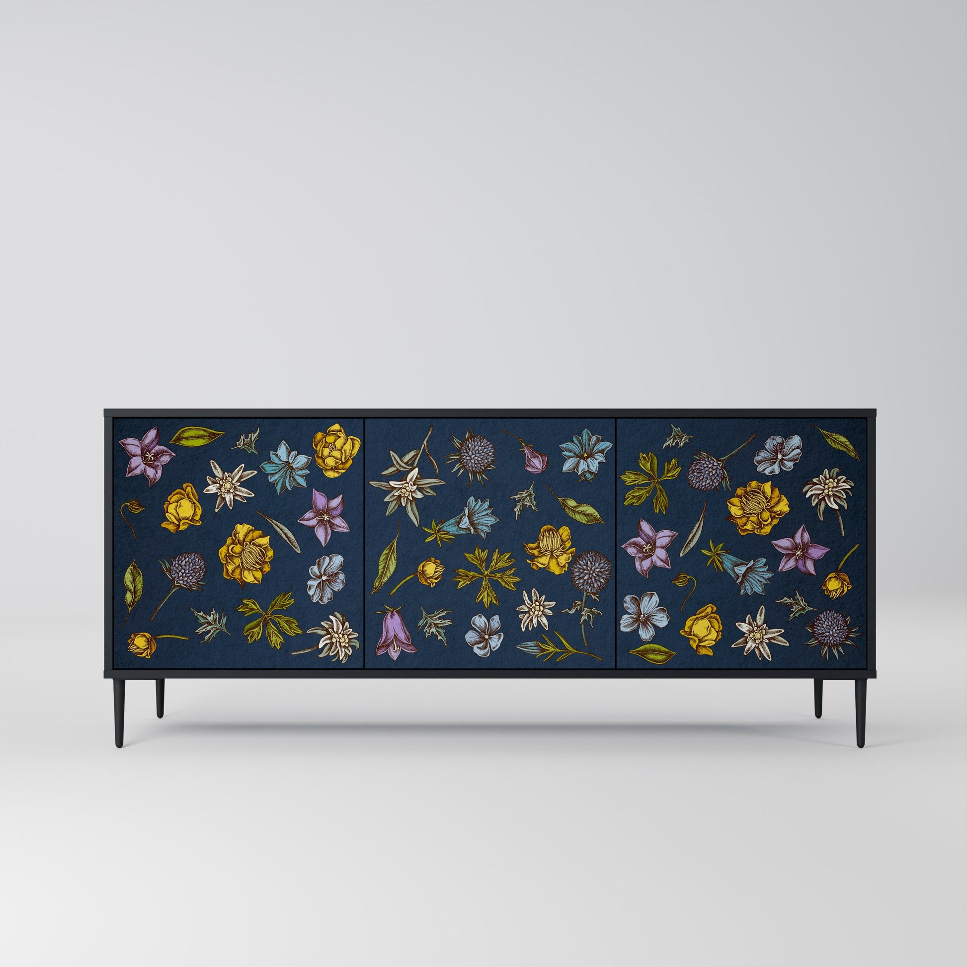 Buffet 3 portes FLOWERS ON NAVY BLUE, finition noire