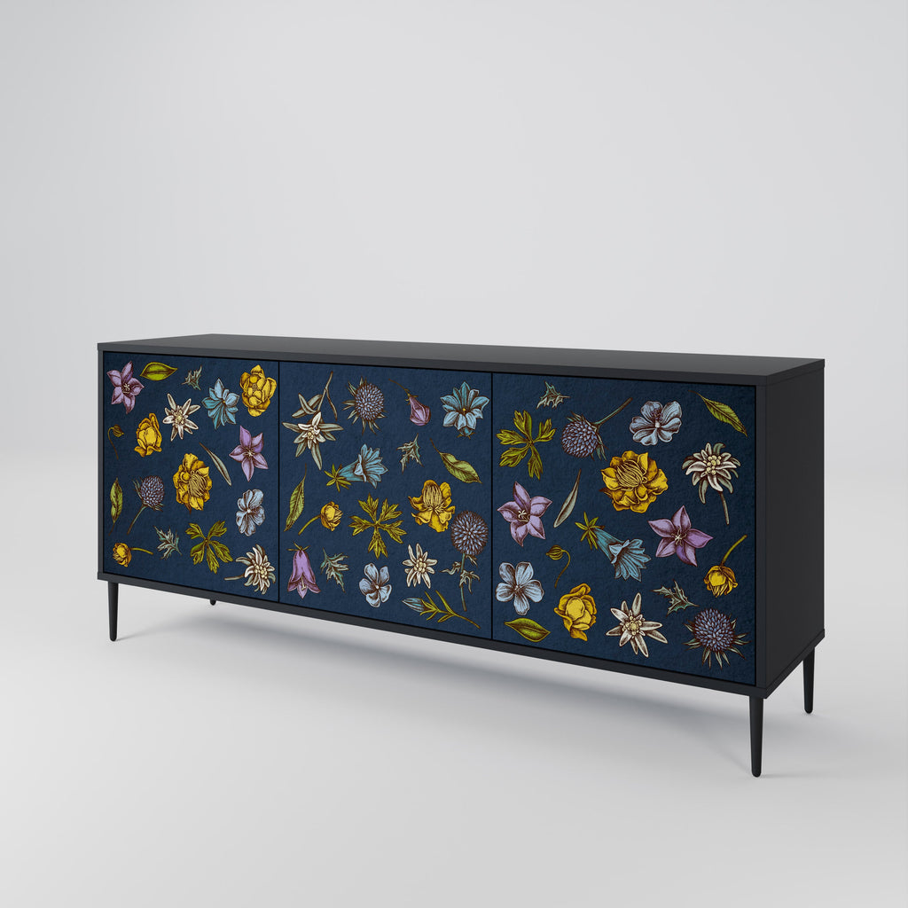 Buffet 3 portes FLOWERS ON NAVY BLUE, finition noire