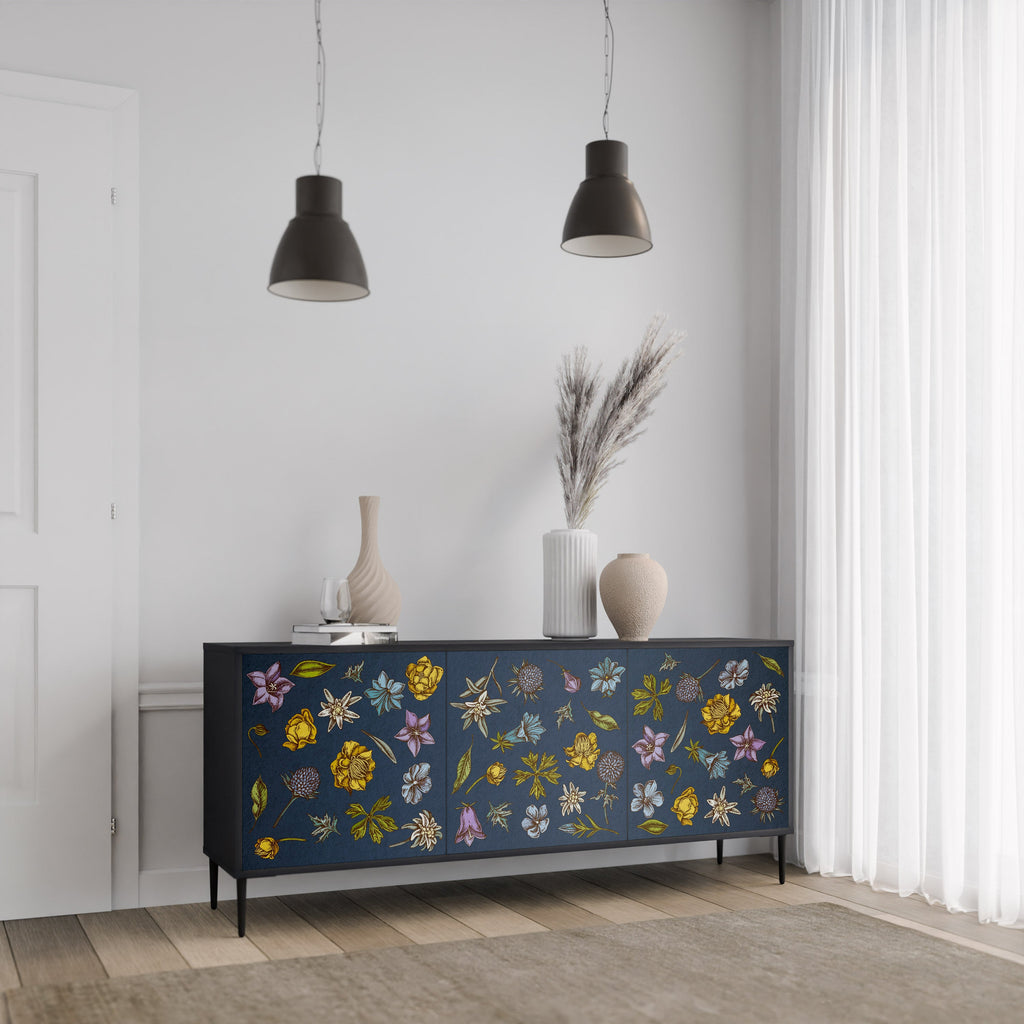 Buffet 3 portes FLOWERS ON NAVY BLUE, finition noire