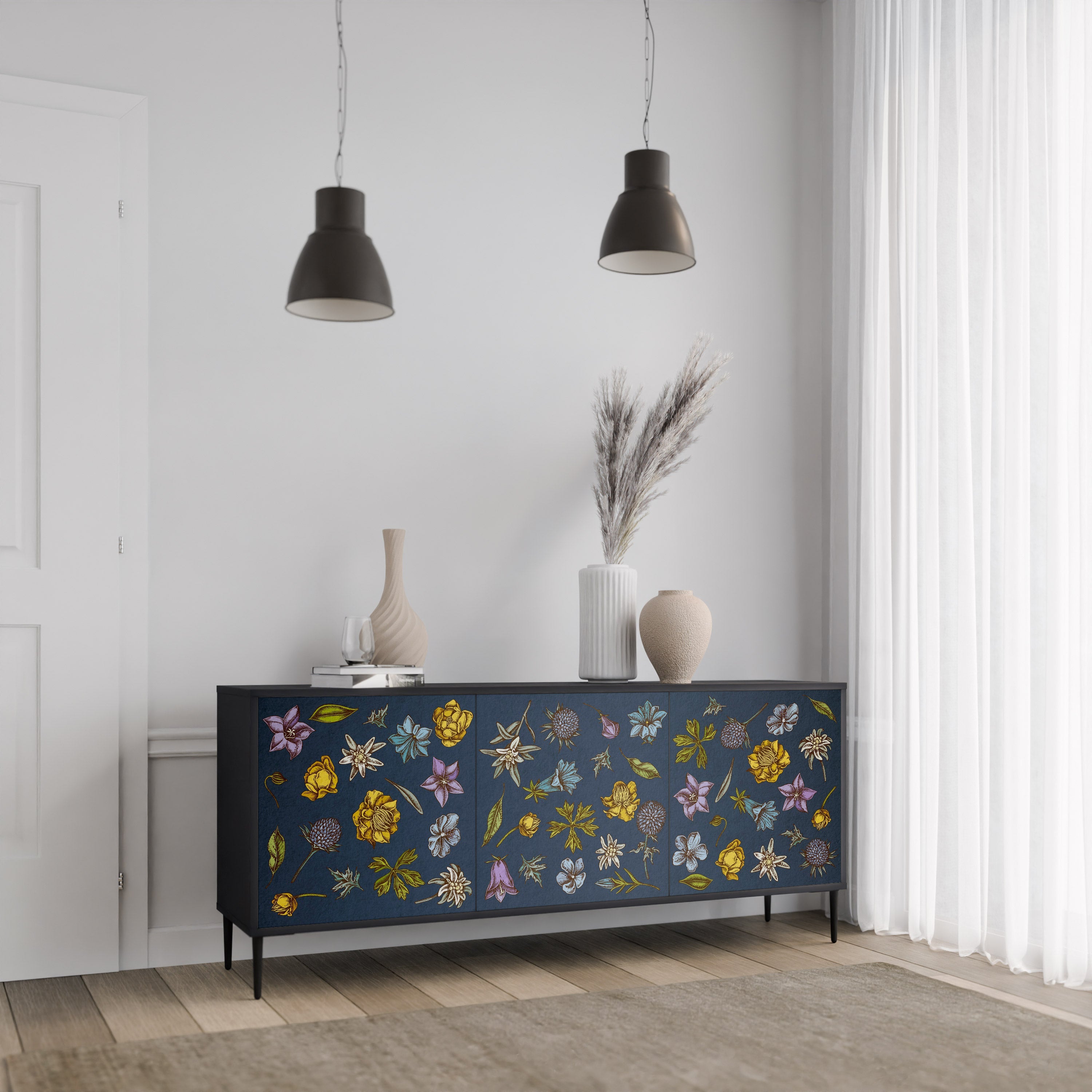 Buffet 3 portes FLOWERS ON NAVY BLUE, finition noire