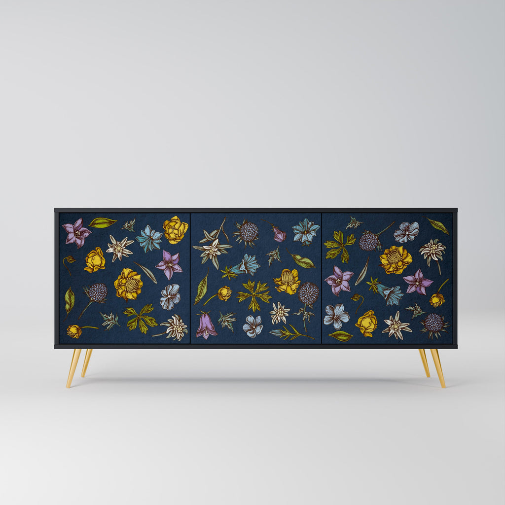 Buffet 3 portes FLOWERS ON NAVY BLUE, finition noire