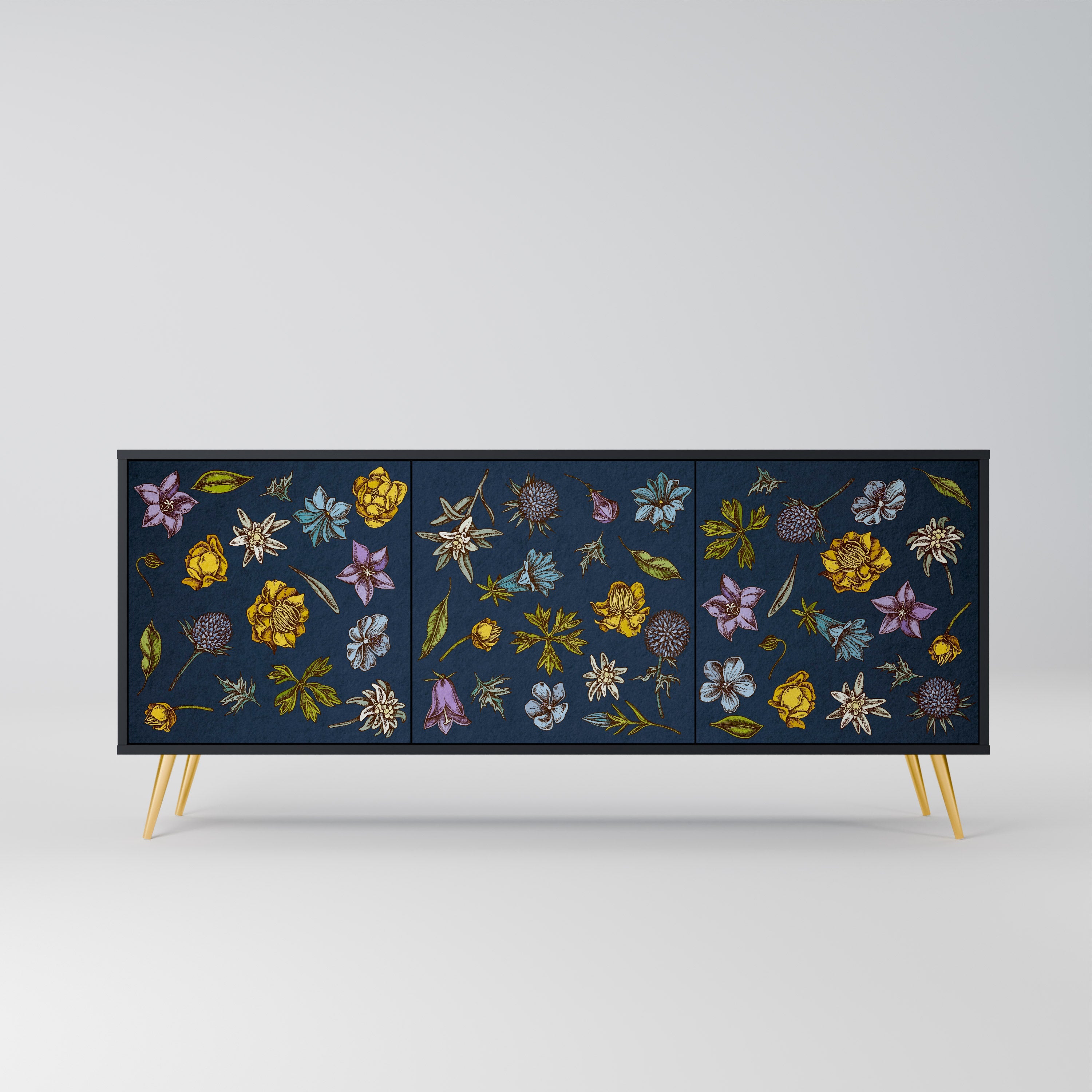 Buffet 3 portes FLOWERS ON NAVY BLUE, finition noire