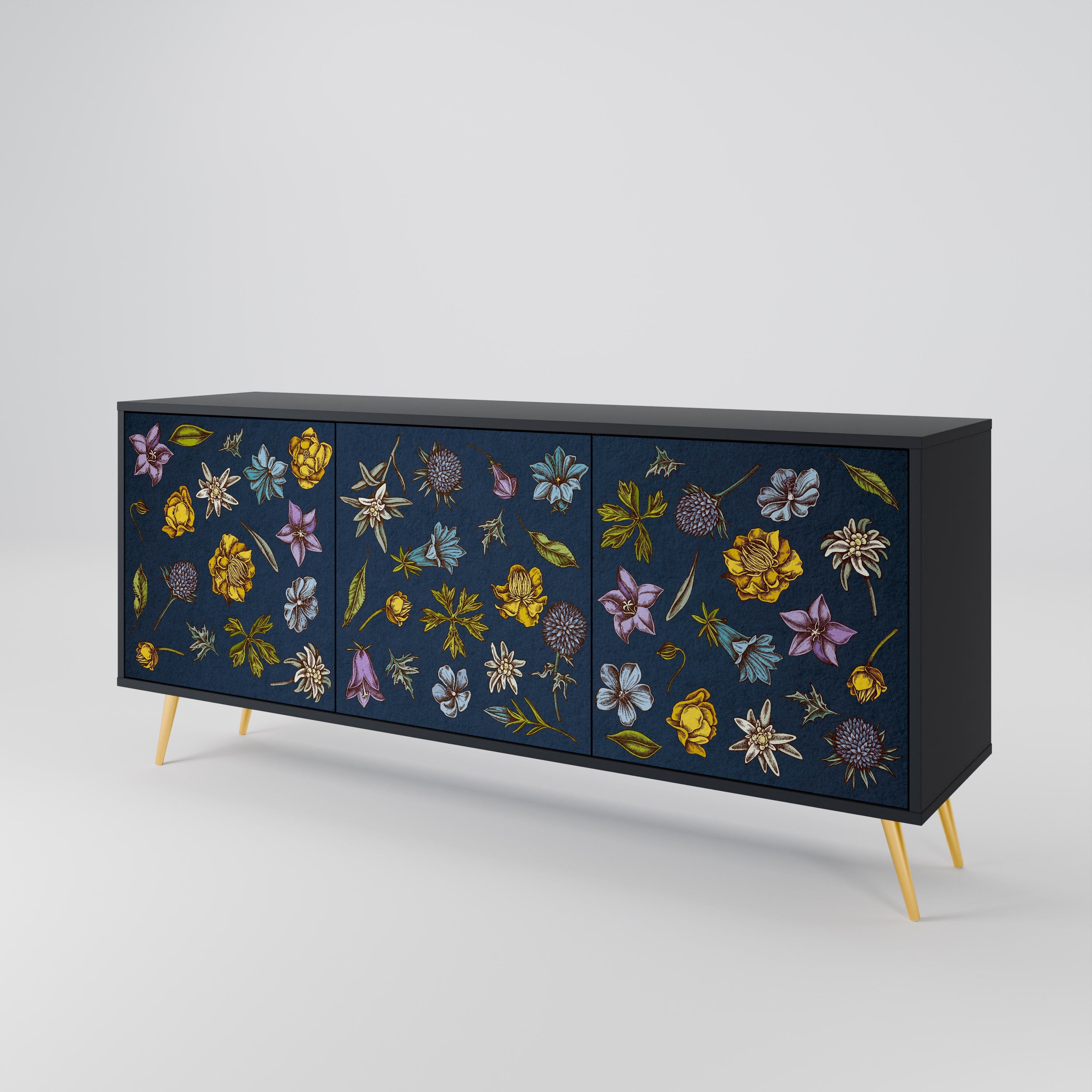Buffet 3 portes FLOWERS ON NAVY BLUE, finition noire