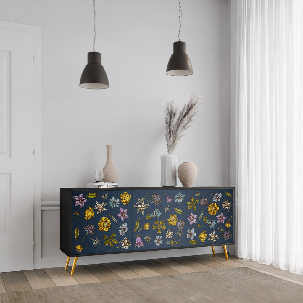 Buffet 3 portes FLOWERS ON NAVY BLUE, finition noire
