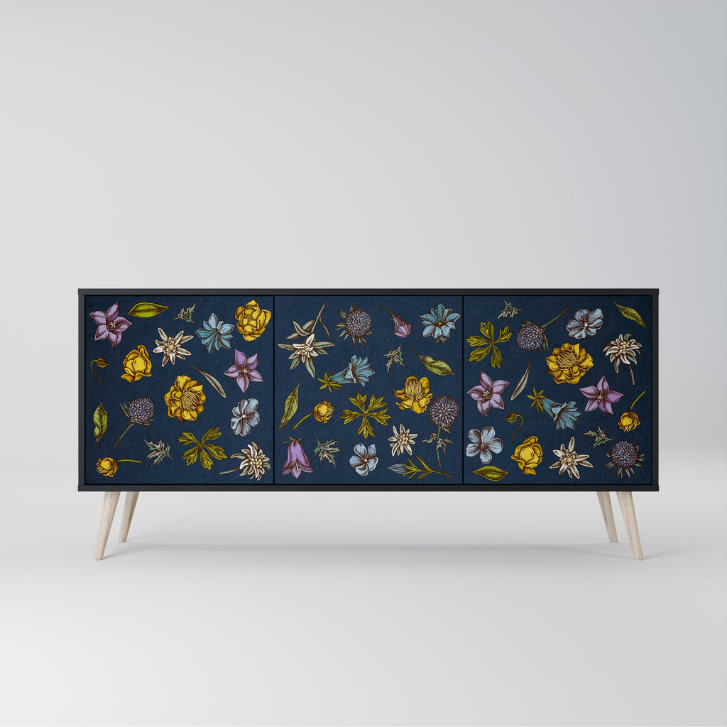 Buffet 3 portes FLOWERS ON NAVY BLUE, finition noire