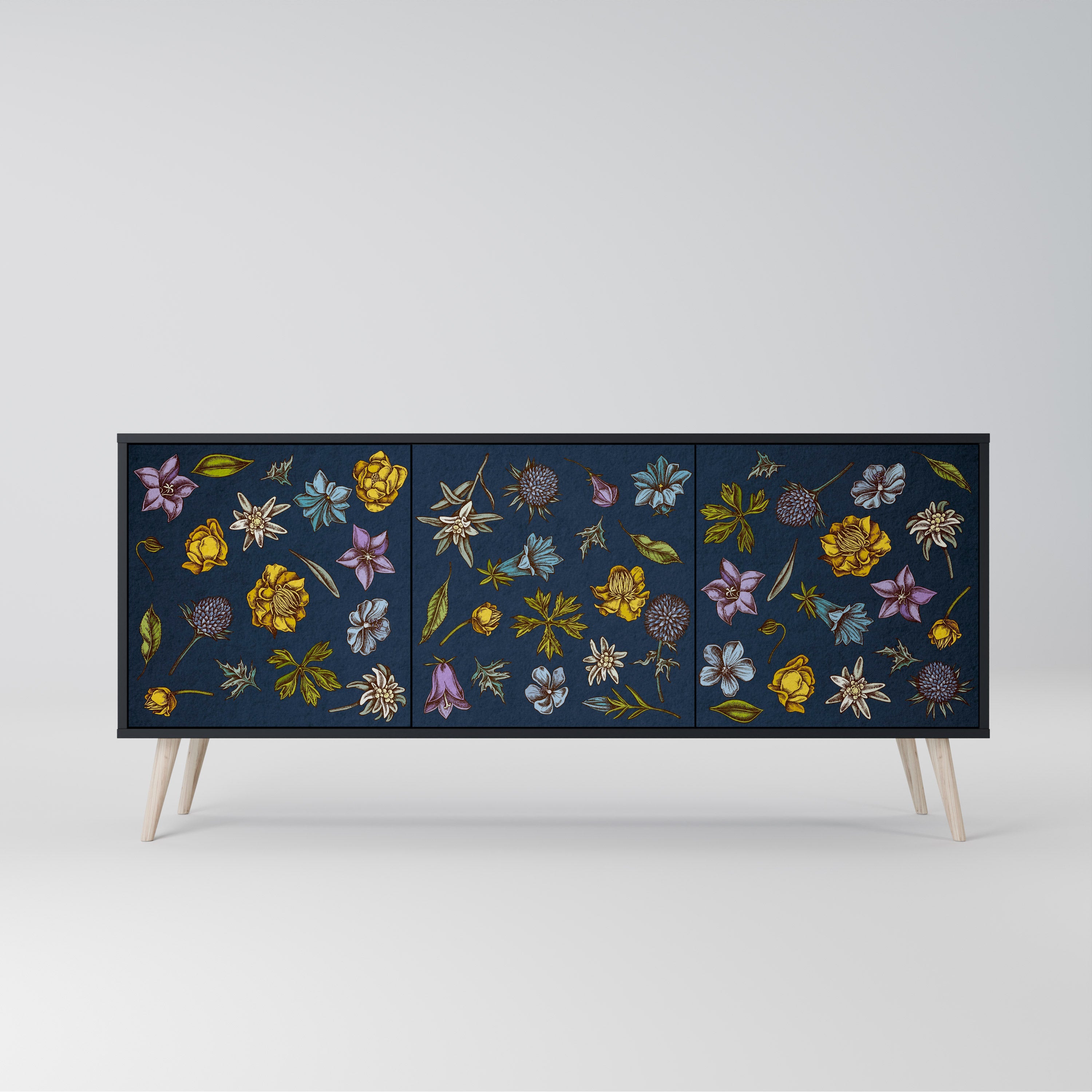 Buffet 3 portes FLOWERS ON NAVY BLUE, finition noire