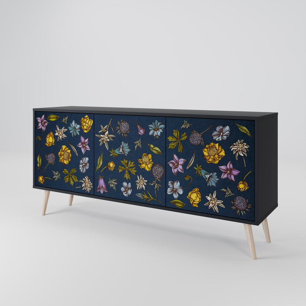 Buffet 3 portes FLOWERS ON NAVY BLUE, finition noire