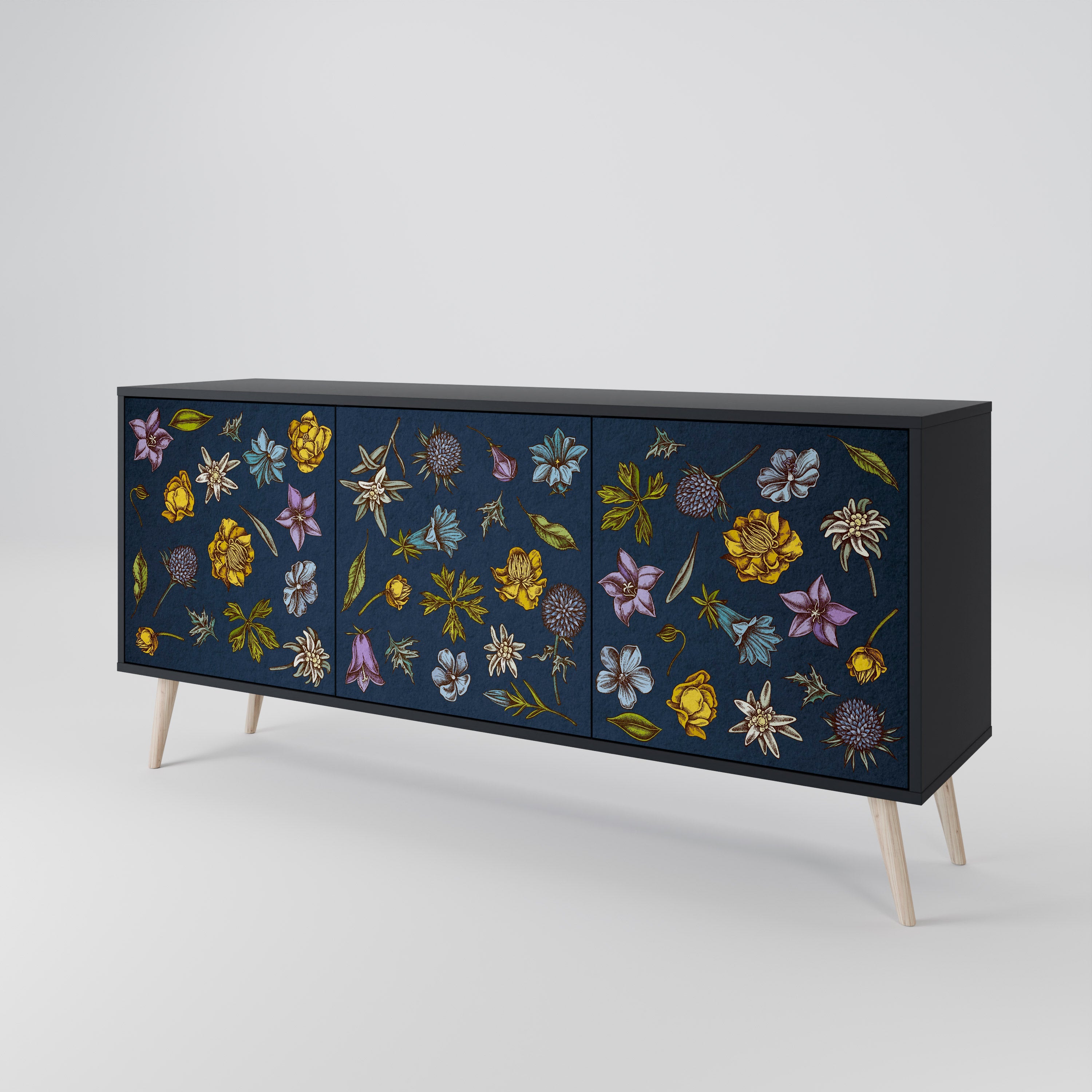 Buffet 3 portes FLOWERS ON NAVY BLUE, finition noire