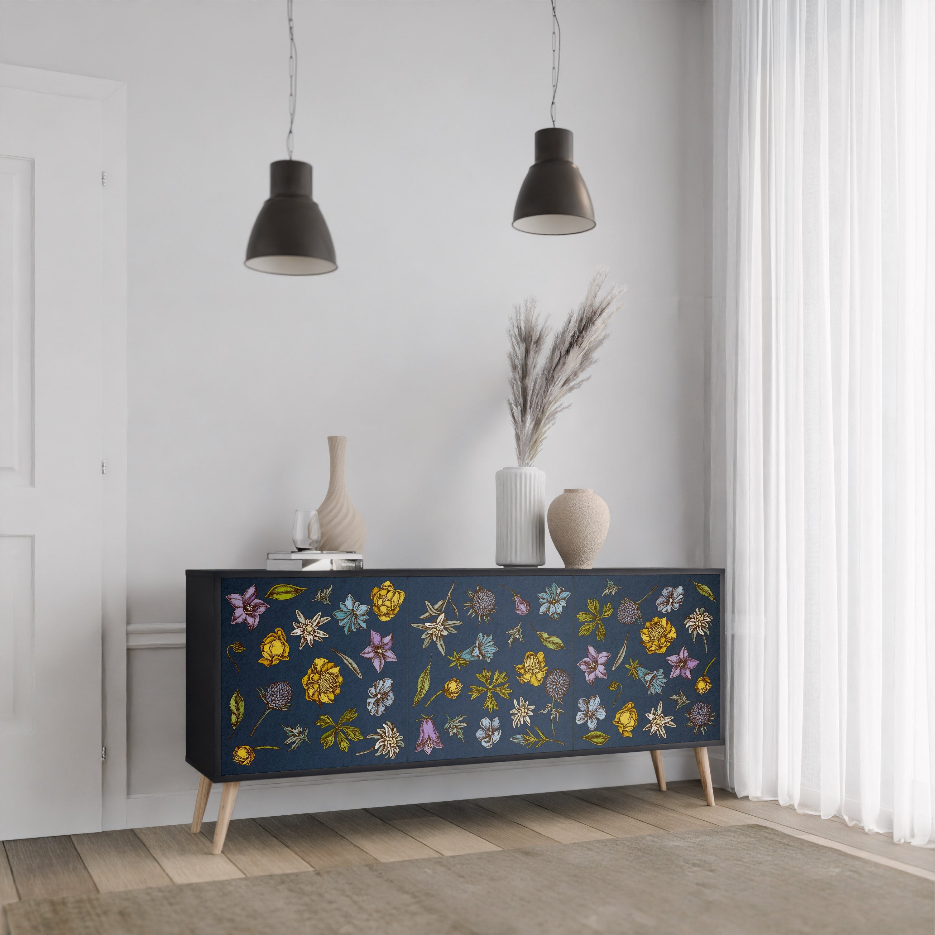 Buffet 3 portes FLOWERS ON NAVY BLUE, finition noire