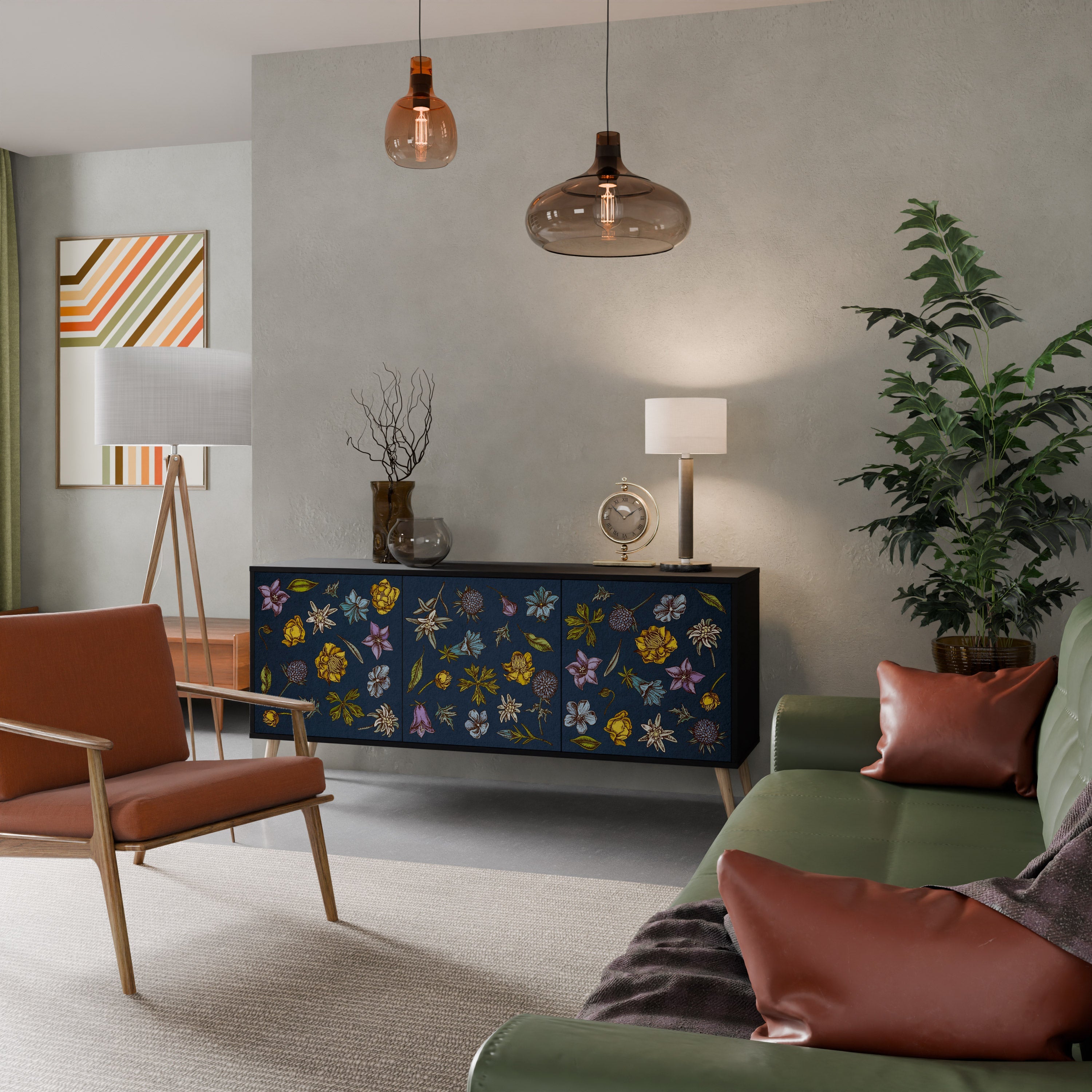 Buffet 3 portes FLOWERS ON NAVY BLUE, finition noire