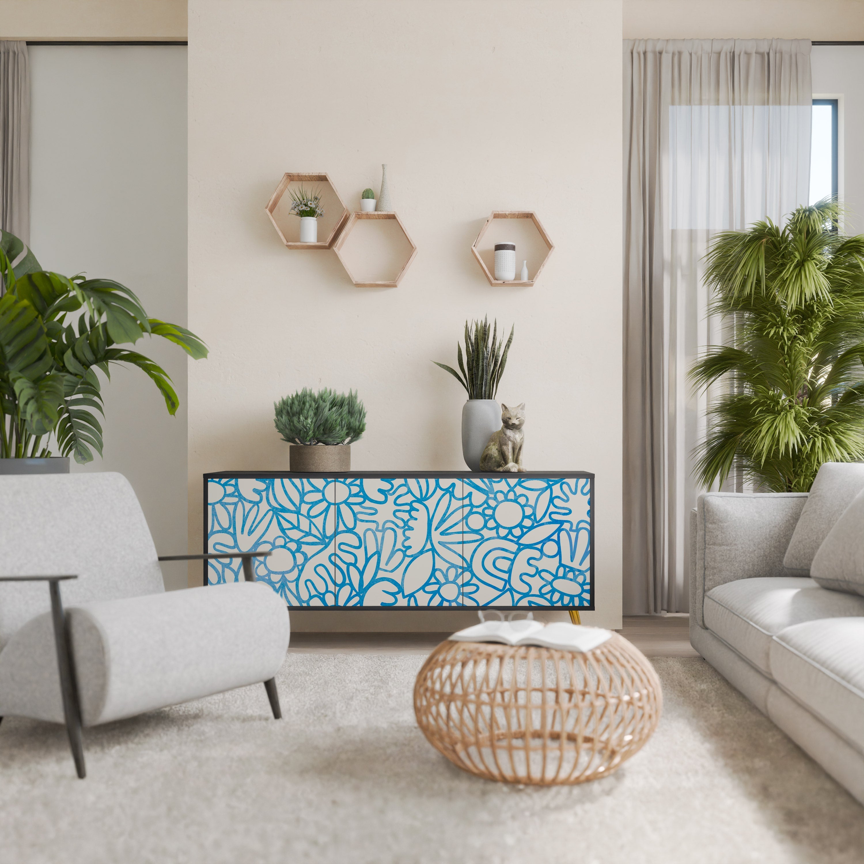 Buffet 3 portes BLOOMY MORNING en finition noire