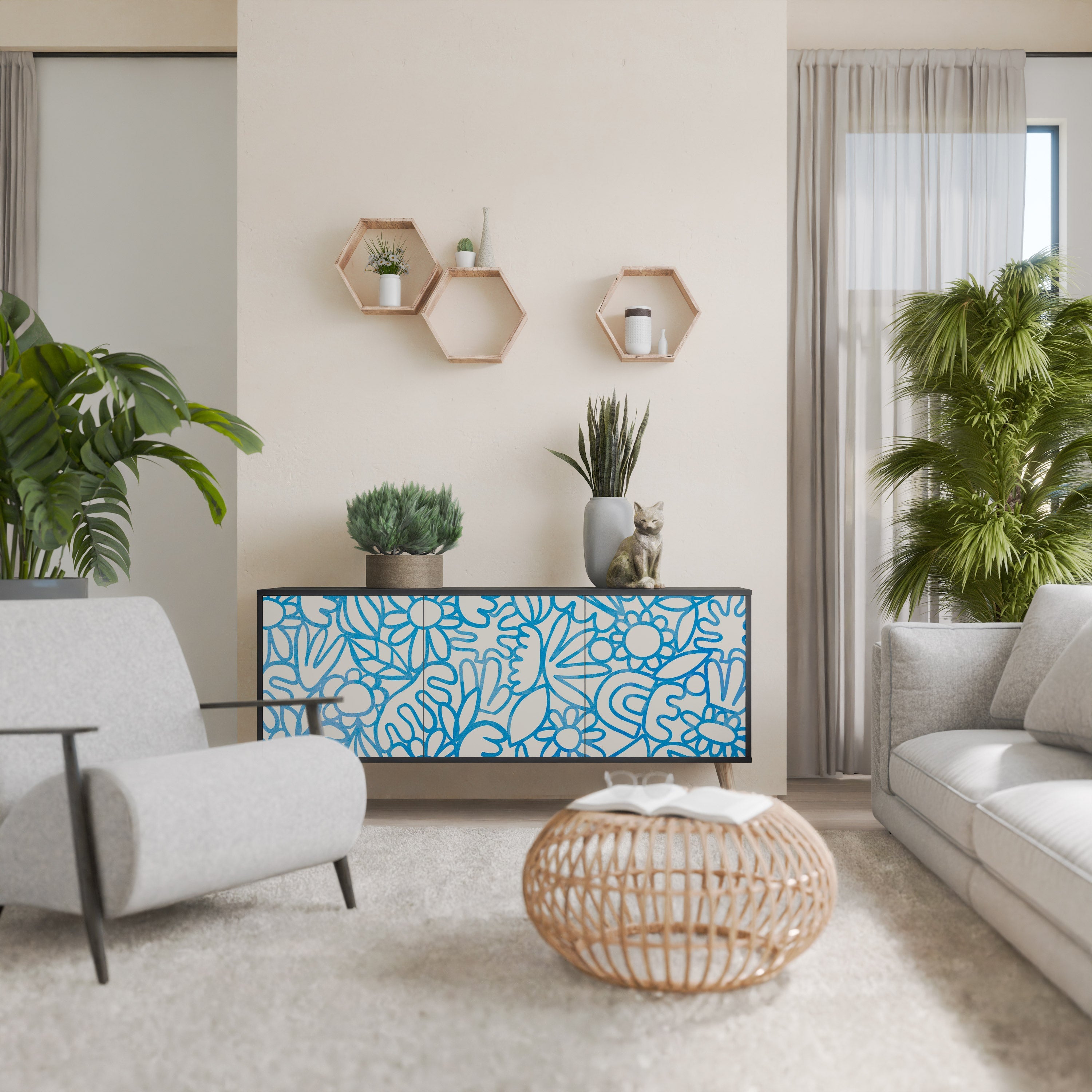 Buffet 3 portes BLOOMY MORNING en finition noire