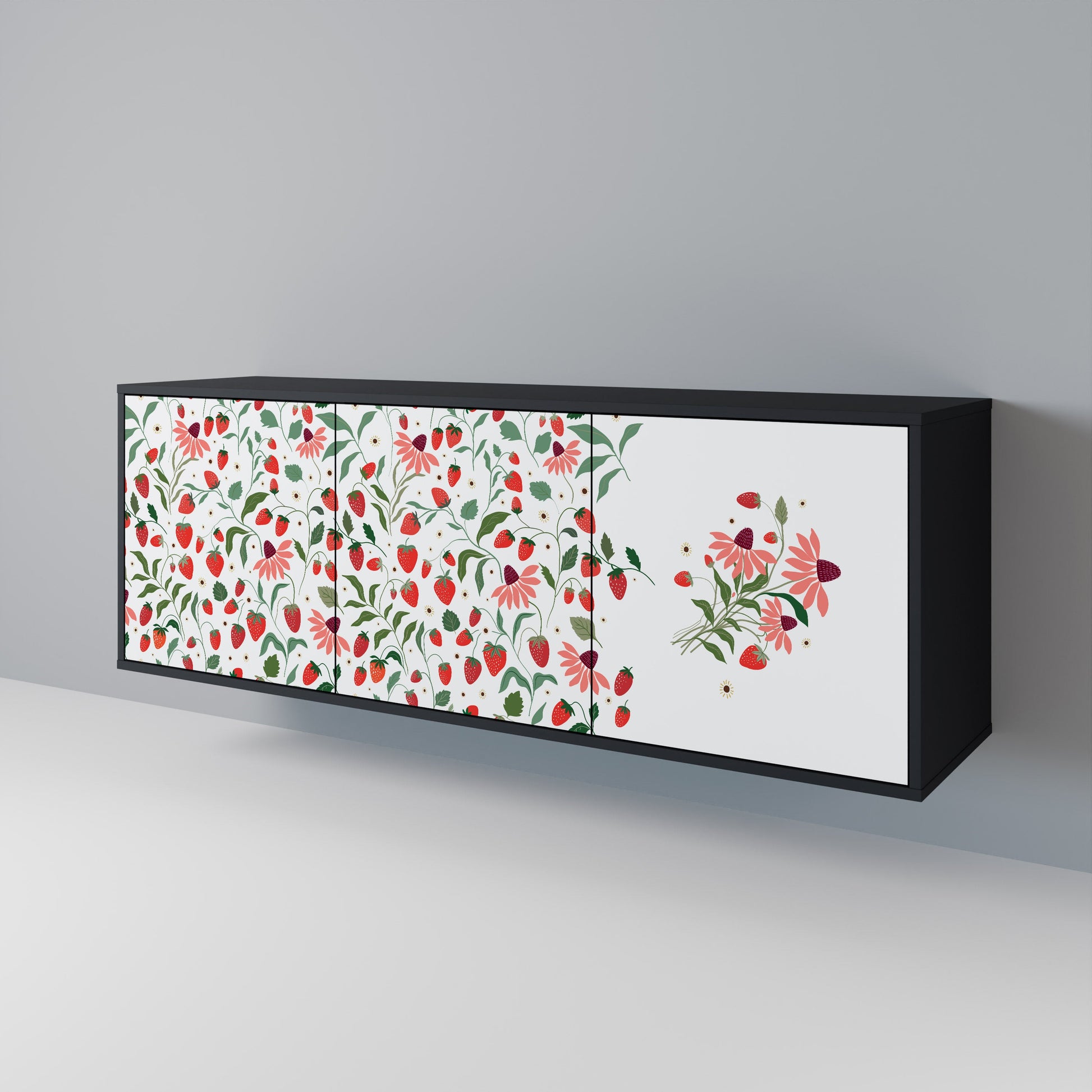 Buffet 3 portes FLOWERS AND STRAWBERRIES en finition noire
