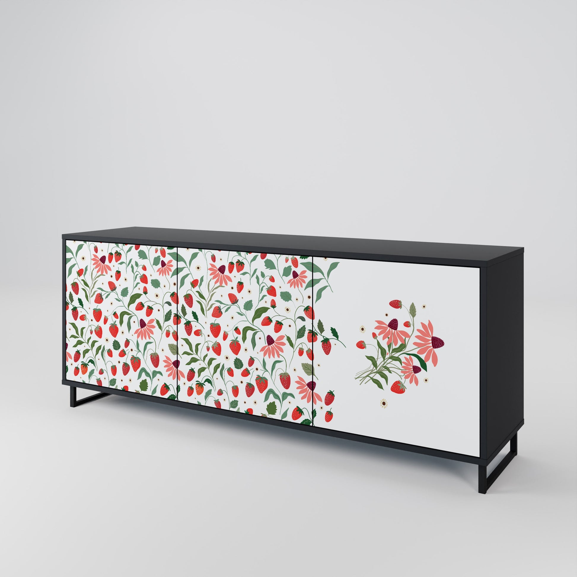 Buffet 3 portes FLOWERS AND STRAWBERRIES en finition noire